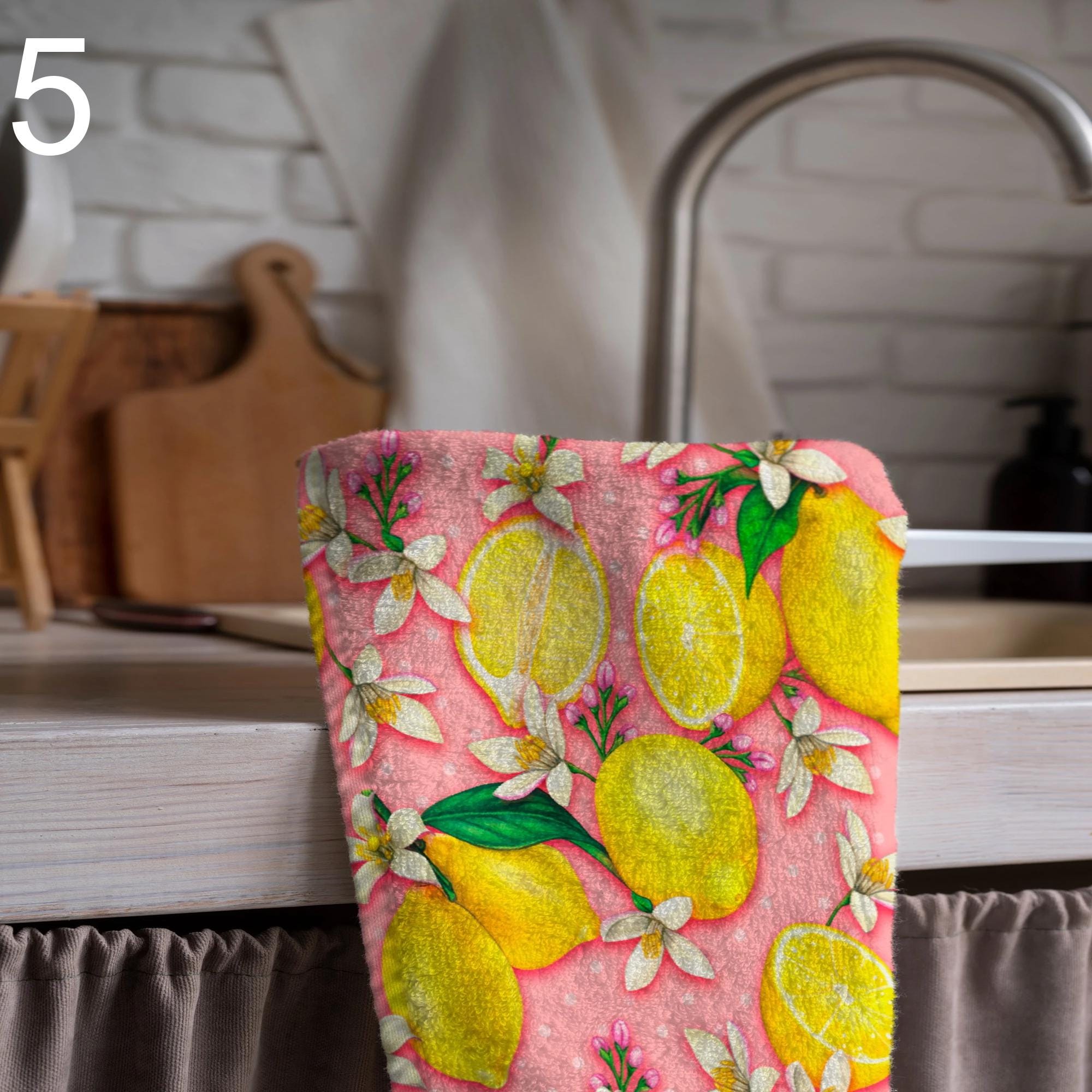 Lemon Tea Towels, Lemon Floral Printed Tea Towel, Yellow Lemon Kitchen Towel Decor, Kitchen Lemon Hand Towel, Summer Lemon Kitchen Tea Towel