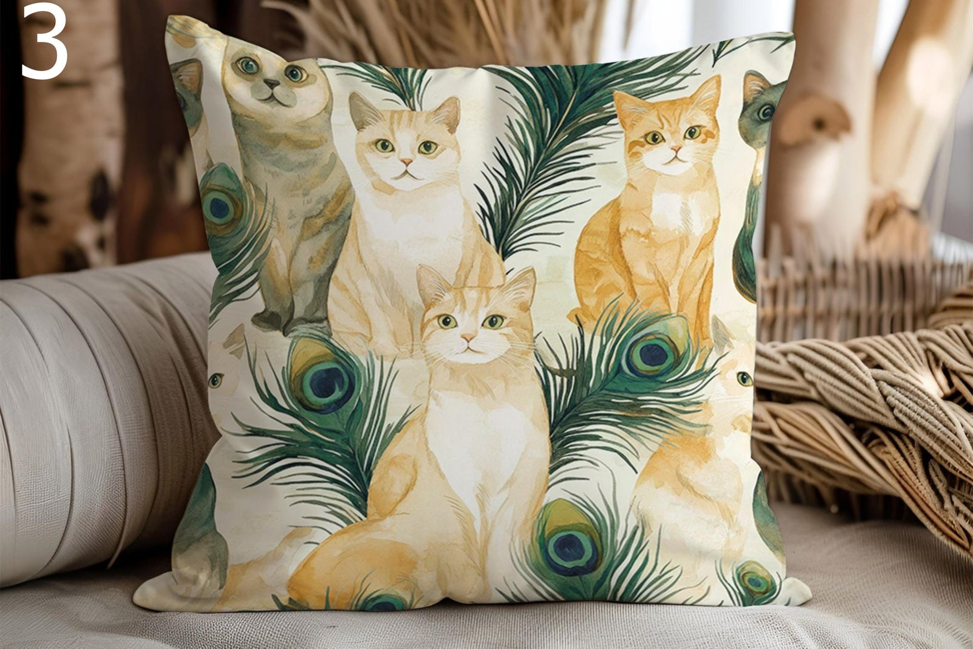 Vintage Cat Throw Pillows with Peacock Feathers, Cat Pillow Covers, Cute Kitten Cushion Covers, Farmhouse Cat Home Decor