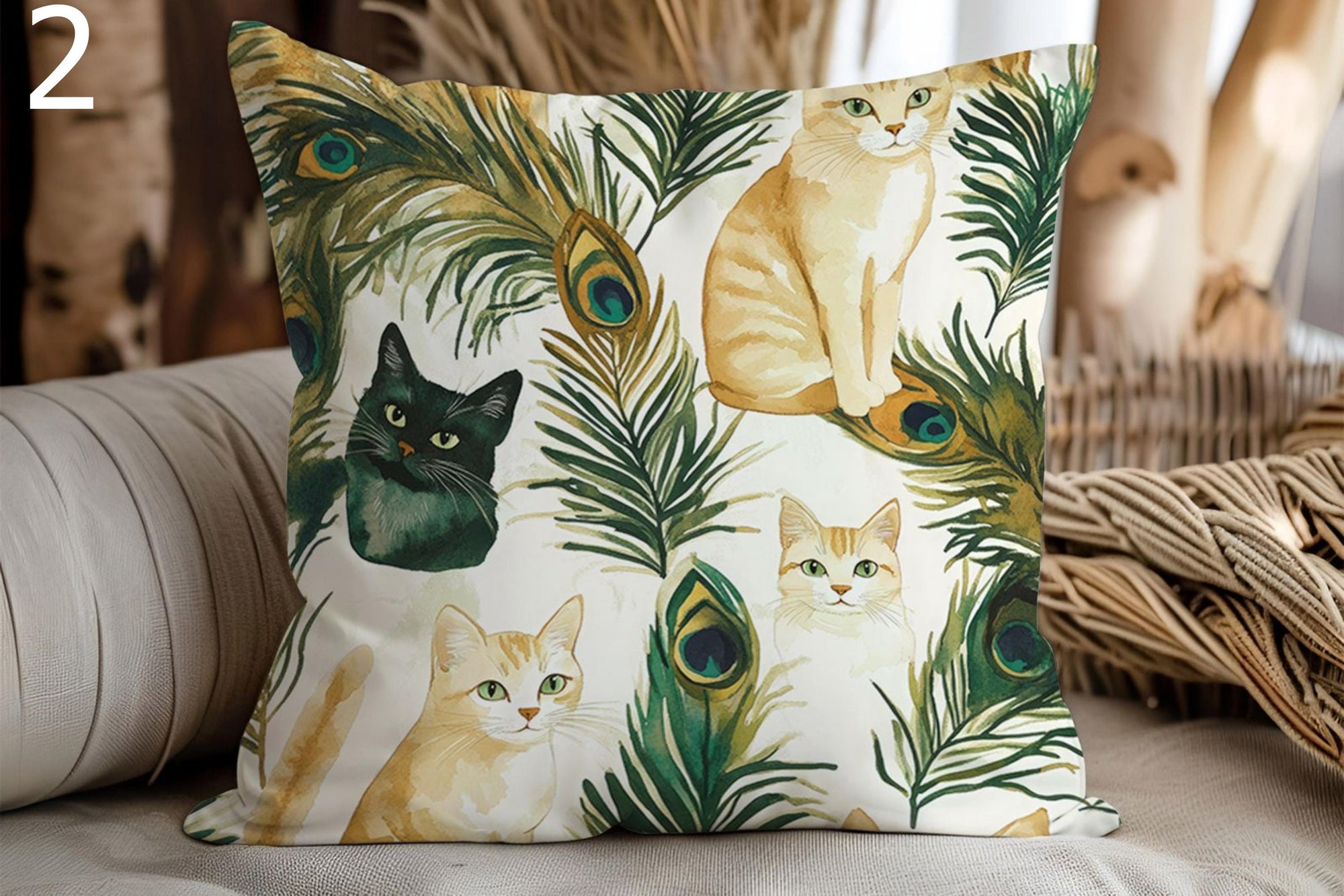 Vintage Cat Throw Pillows with Peacock Feathers, Cat Pillow Covers, Cute Kitten Cushion Covers, Farmhouse Cat Home Decor