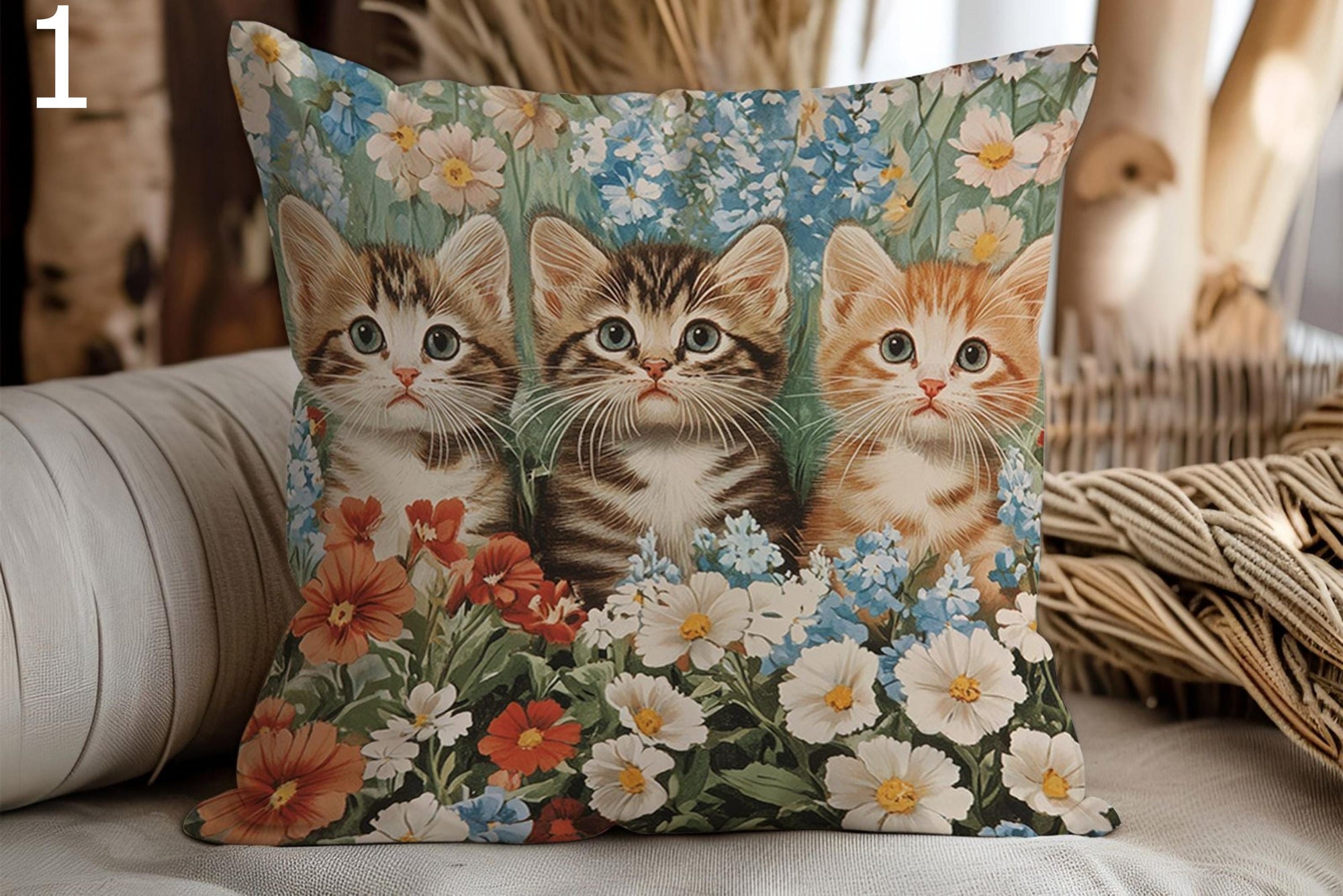 Cute Cats Pillowcase, Cottagecore Kitten Pillow Covers, Vintage Cats Floral Throw Pillow Cover, Whimsical Animal Cushion Cover