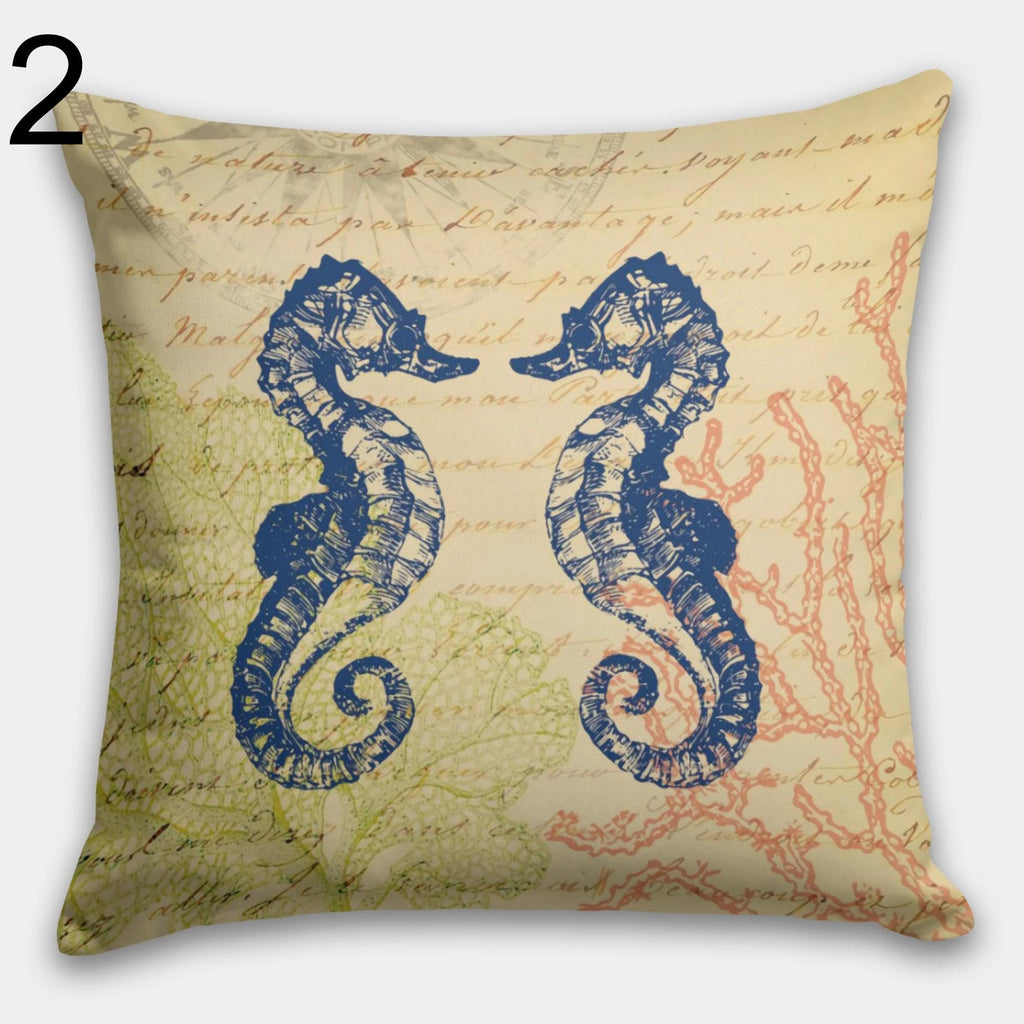 Coastal Nautical Pillow Covers, Sea Turtle, Starfish, Seahorse Decorative Ocean Cushion Covers, Sea Creatures Pillowcases
