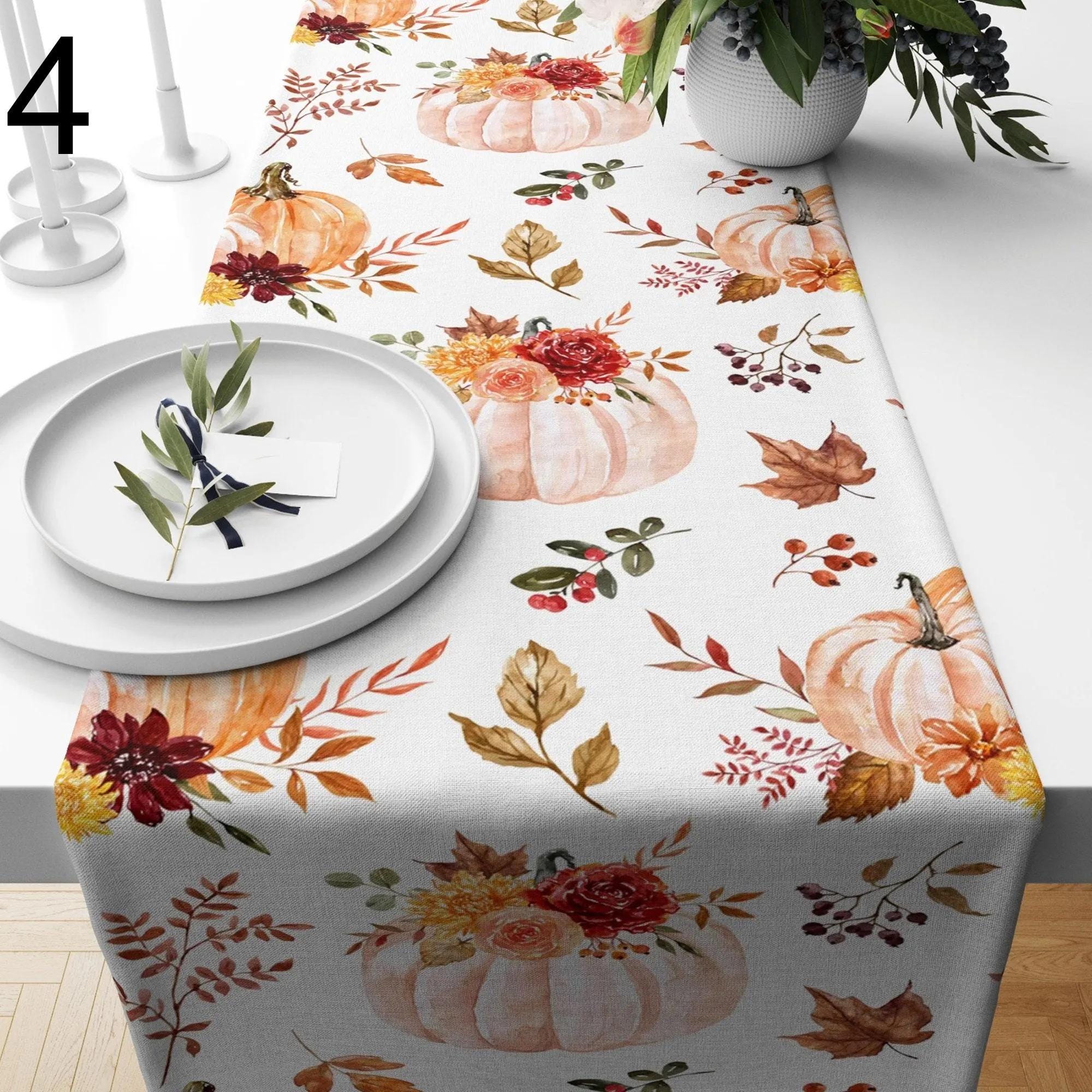 Fall Table Runner, Thanksgiving Pumpkin Table Runner, Thanksgiving Coffee Table Runner, Autumn Leaves Table Cover, Fall Pumpkin Tablecloth