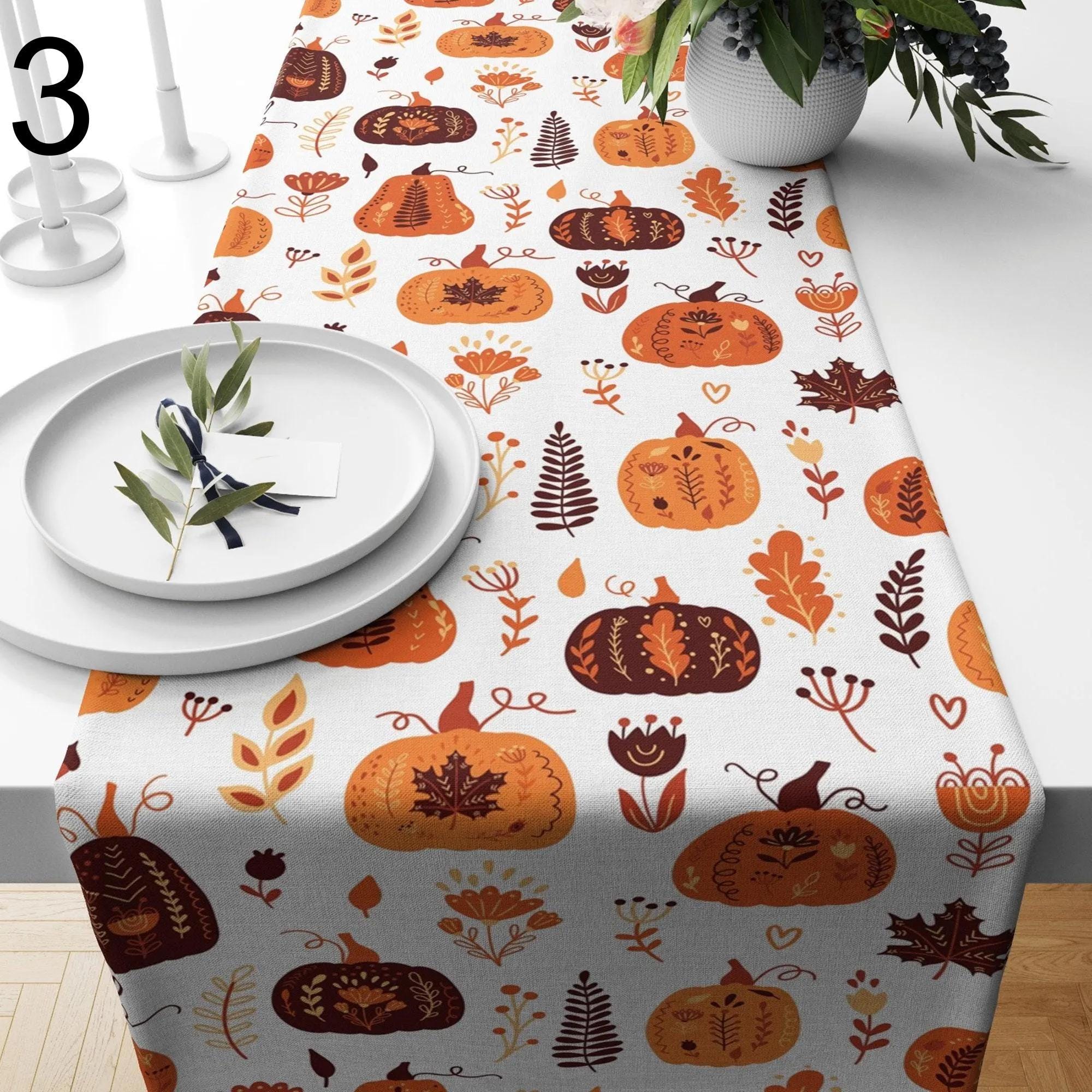 Fall Table Runner, Thanksgiving Pumpkin Table Runner, Thanksgiving Coffee Table Runner, Autumn Leaves Table Cover, Fall Pumpkin Tablecloth