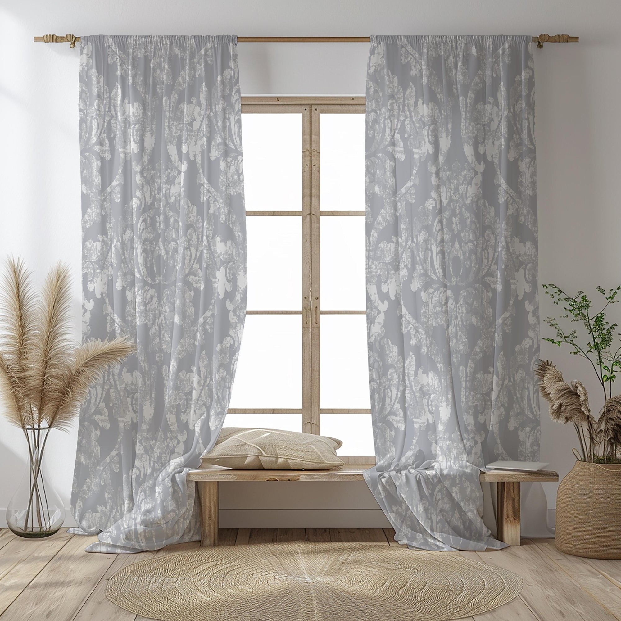 Grey Baroque Curtains, Classic Damask Window Panel, Grey Elegant Panel, Decorative Damask Curtain Panels, Grey Elegant Drapes