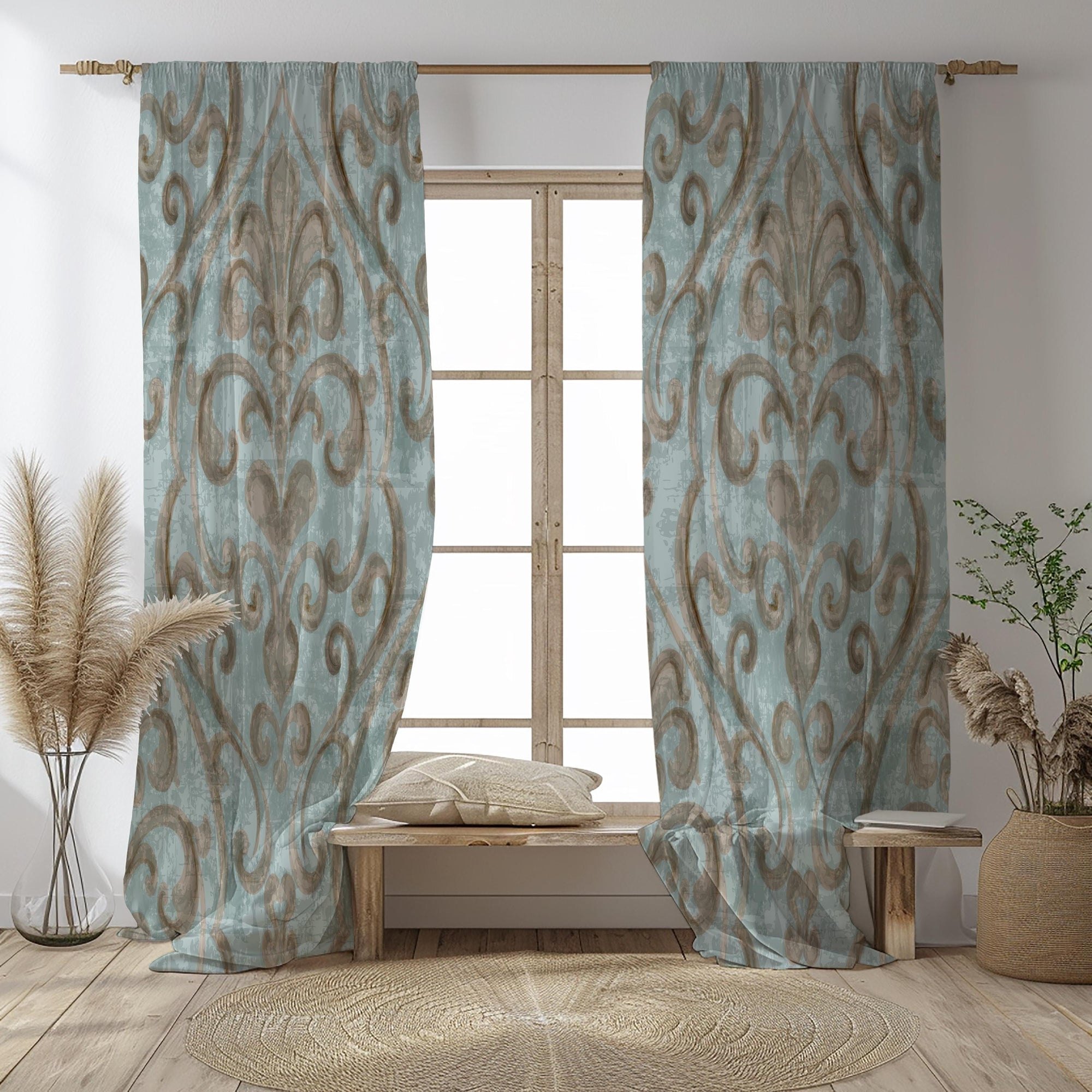 Damask Curtain Panels, Damask Grommet Drapes, Luxury Damask Window Curtains, Baroque Style Damask Panel Curtains, Elegant Damask Panels