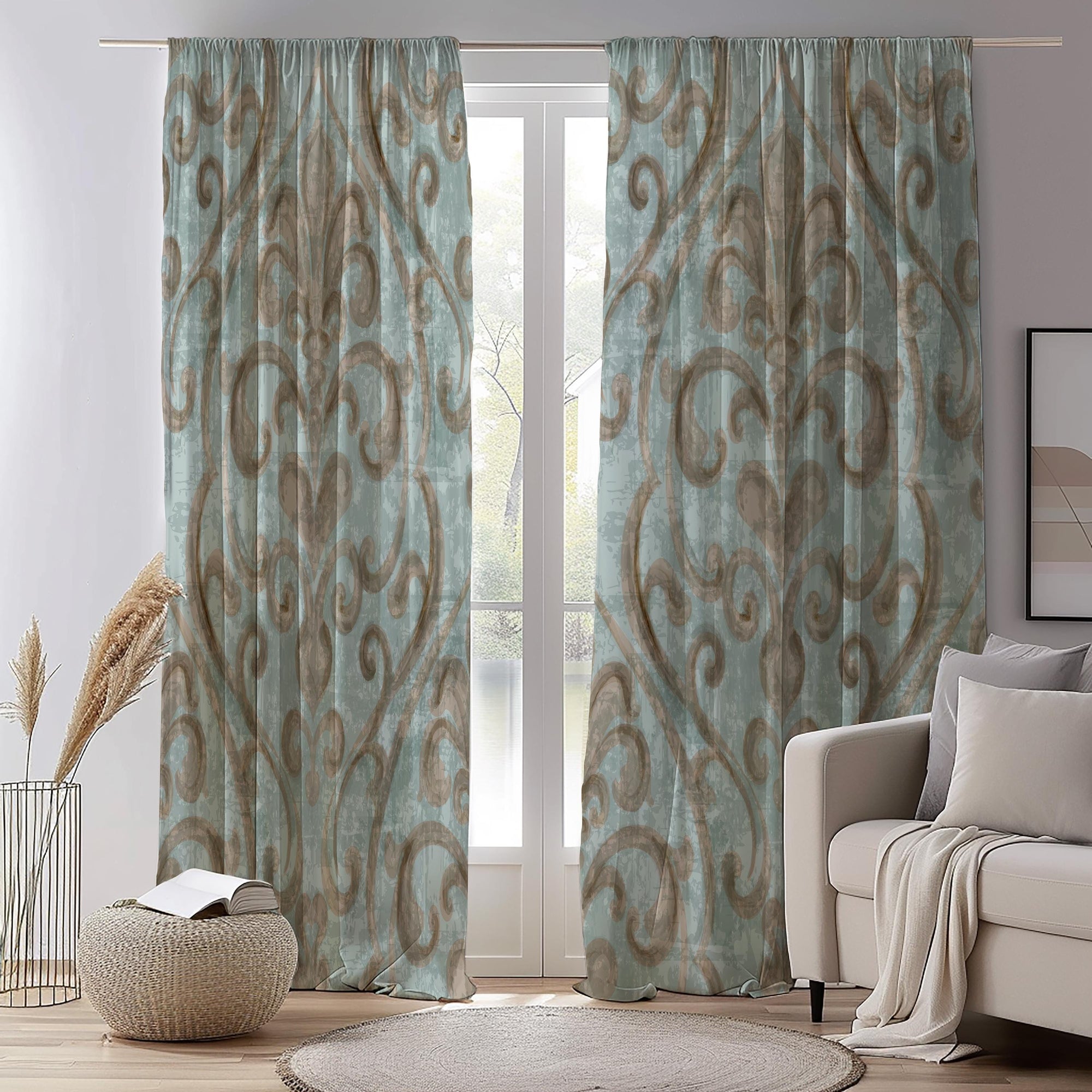 Damask Curtain Panels, Damask Grommet Drapes, Luxury Damask Window Curtains, Baroque Style Damask Panel Curtains, Elegant Damask Panels