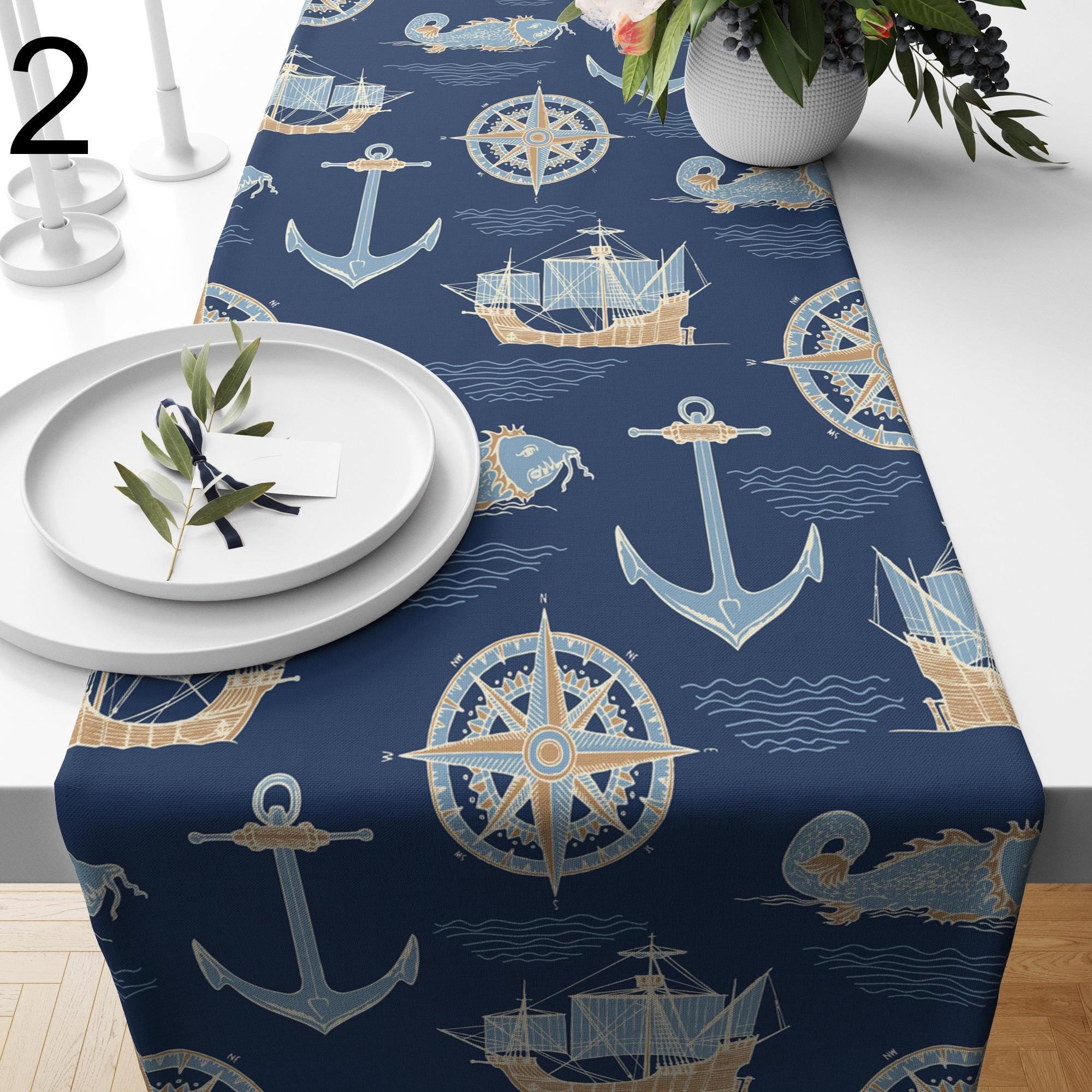 Marine Table Runner, Sailor Table Runner, Vintage Nautical Blue Ships Table Runner, Yatch Table Decor, Beach House Decor