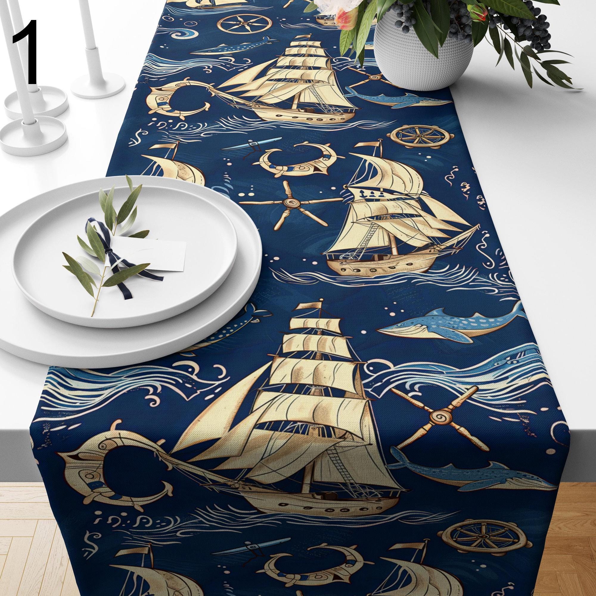 Marine Table Runner, Sailor Table Runner, Vintage Nautical Blue Ships Table Runner, Yatch Table Decor, Beach House Decor