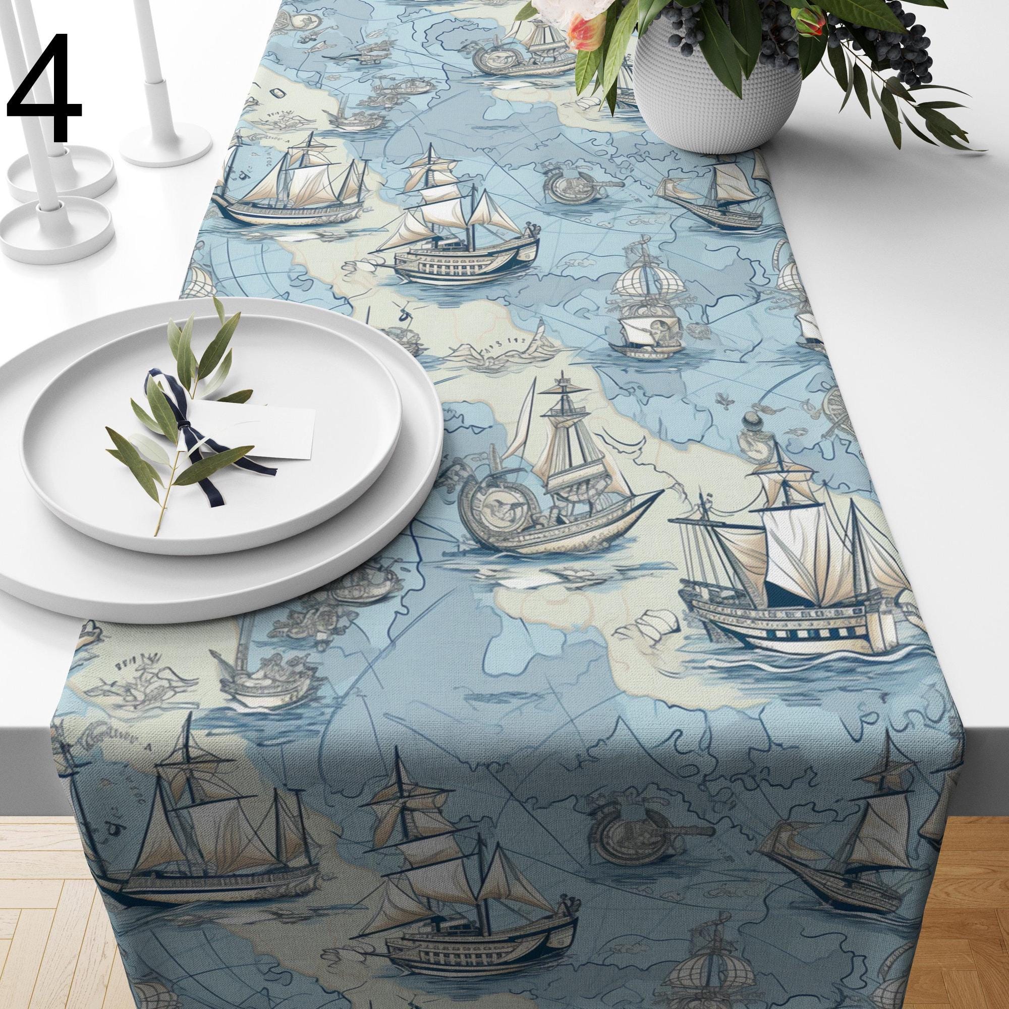 Marine Table Runner, Sailor Table Runner, Vintage Nautical Blue Ships Table Runner, Yatch Table Decor, Beach House Decor