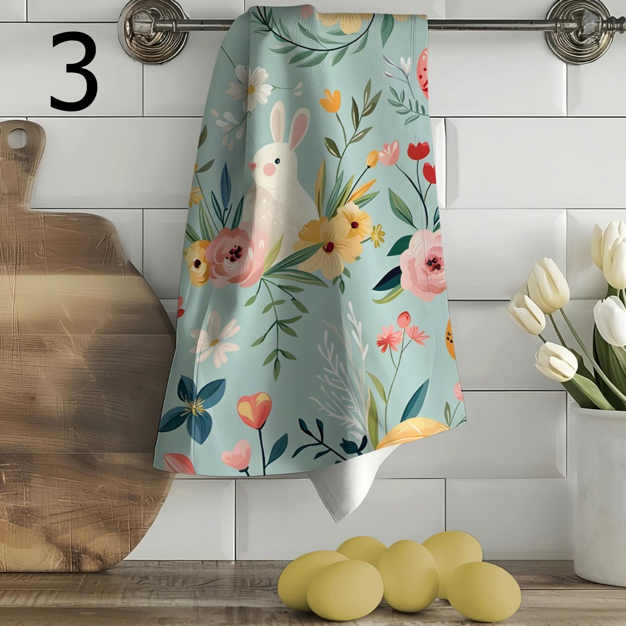 Easter Floral Tea Towels, Easter Bunny Dish Towel, Decorative Easter Hand Towel, Spring Kitchen Towels, Easter Spring Kitchen Decor