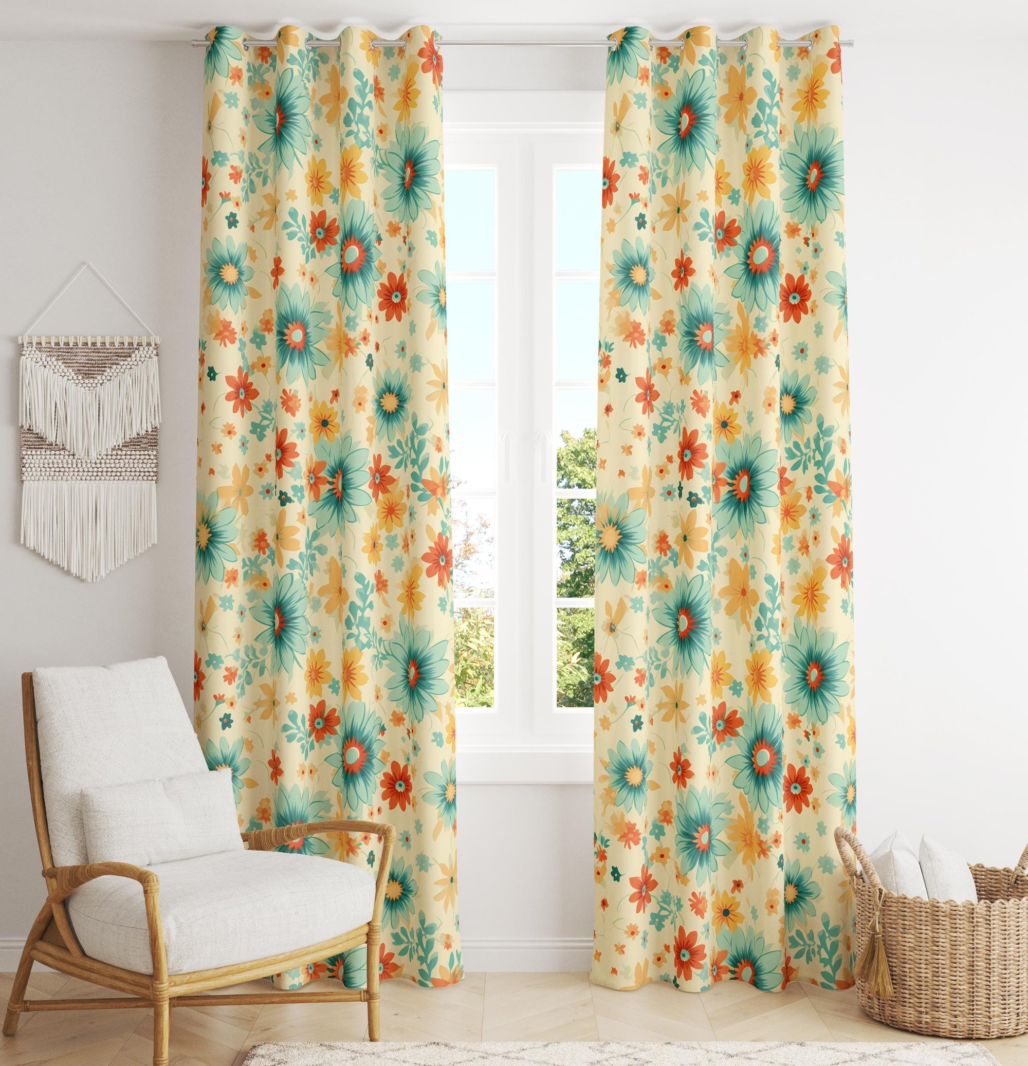 Floral Curtains, Retro Flower Print Drapes, Colorful Daisy Window Curtain, 70s Floral Curtains, 70s Floral Cottagecore Aesthetic Drapes