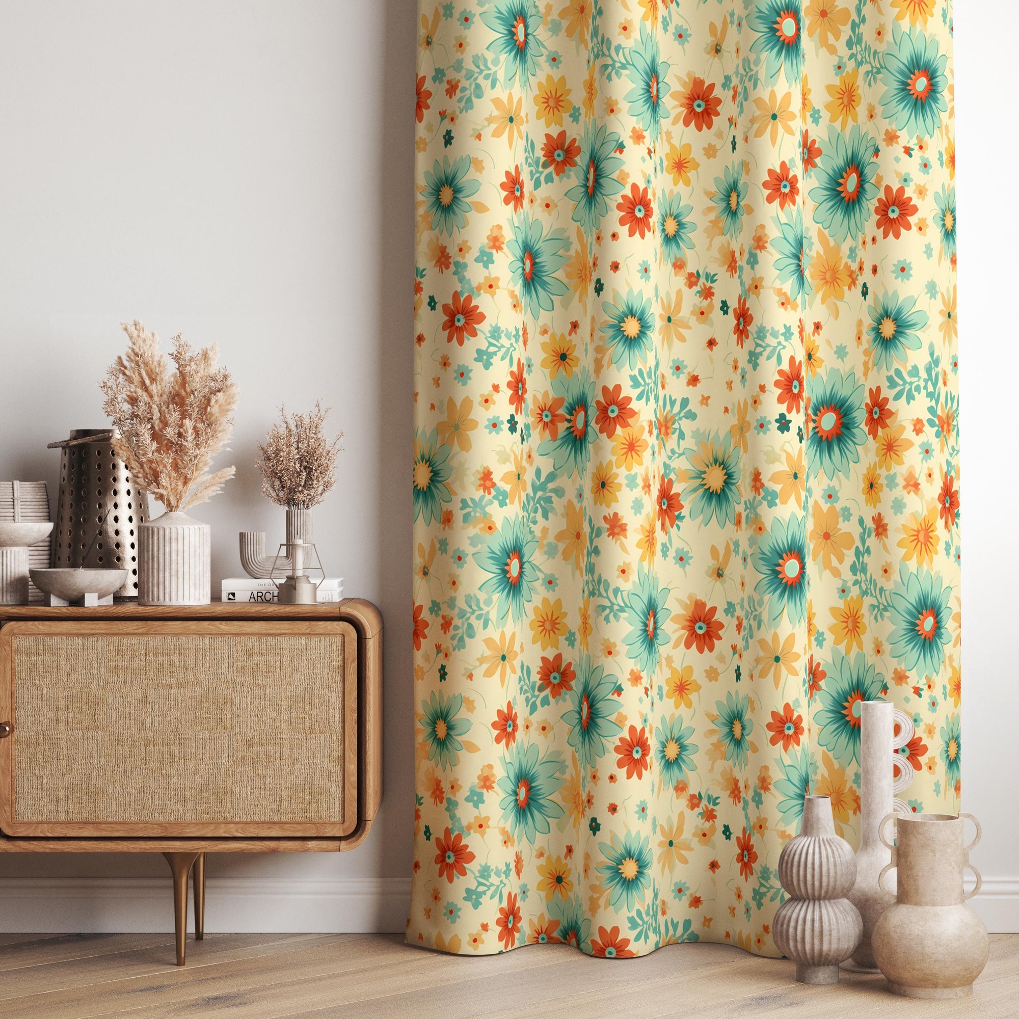 Floral Curtains, Retro Flower Print Drapes, Colorful Daisy Window Curtain, 70s Floral Curtains, 70s Floral Cottagecore Aesthetic Drapes
