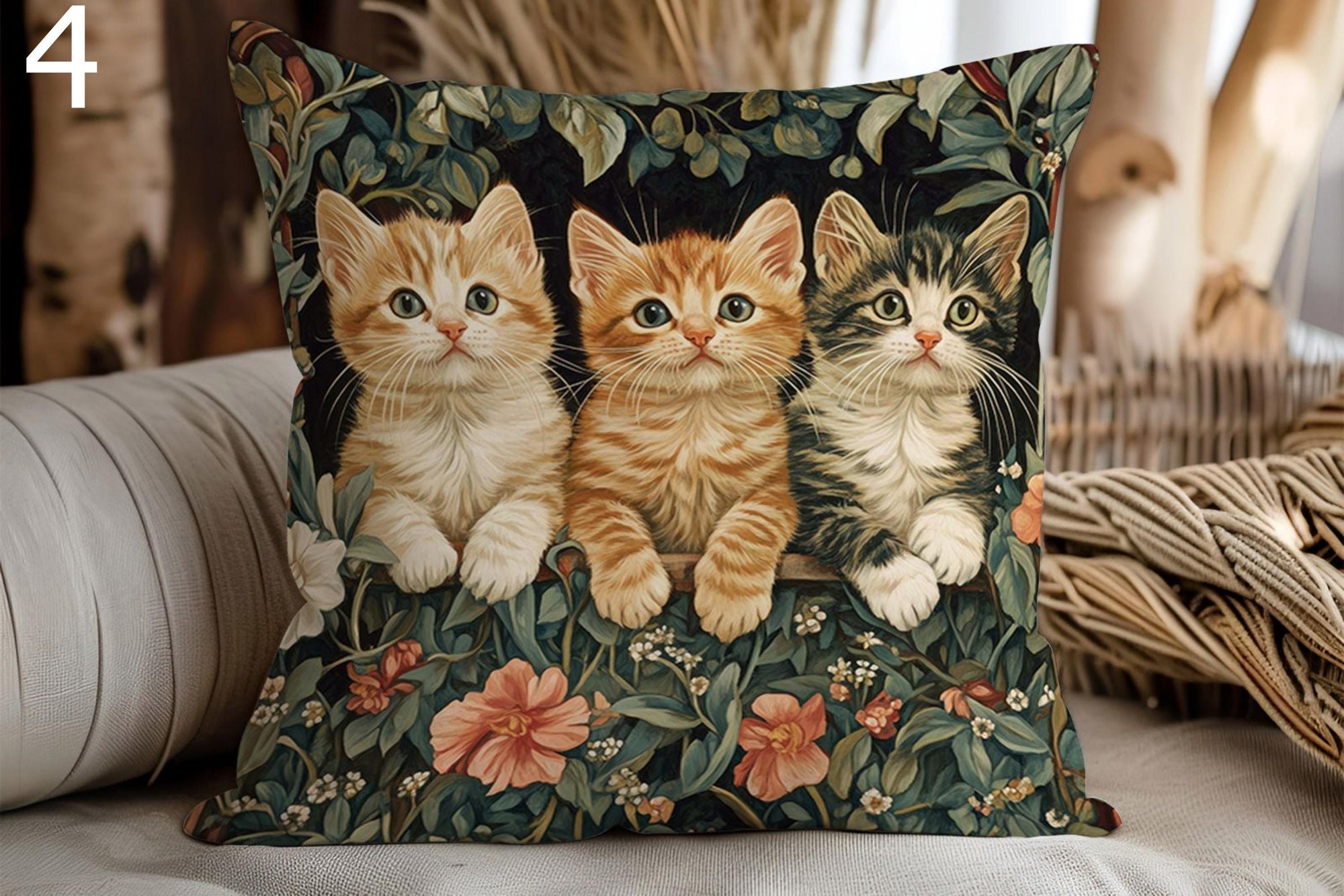 Vintage Cat Throw Pillows with Peacock Feathers, Cat Pillow Covers, Cute Kitten Cushion Covers, Farmhouse Cat Home Decor