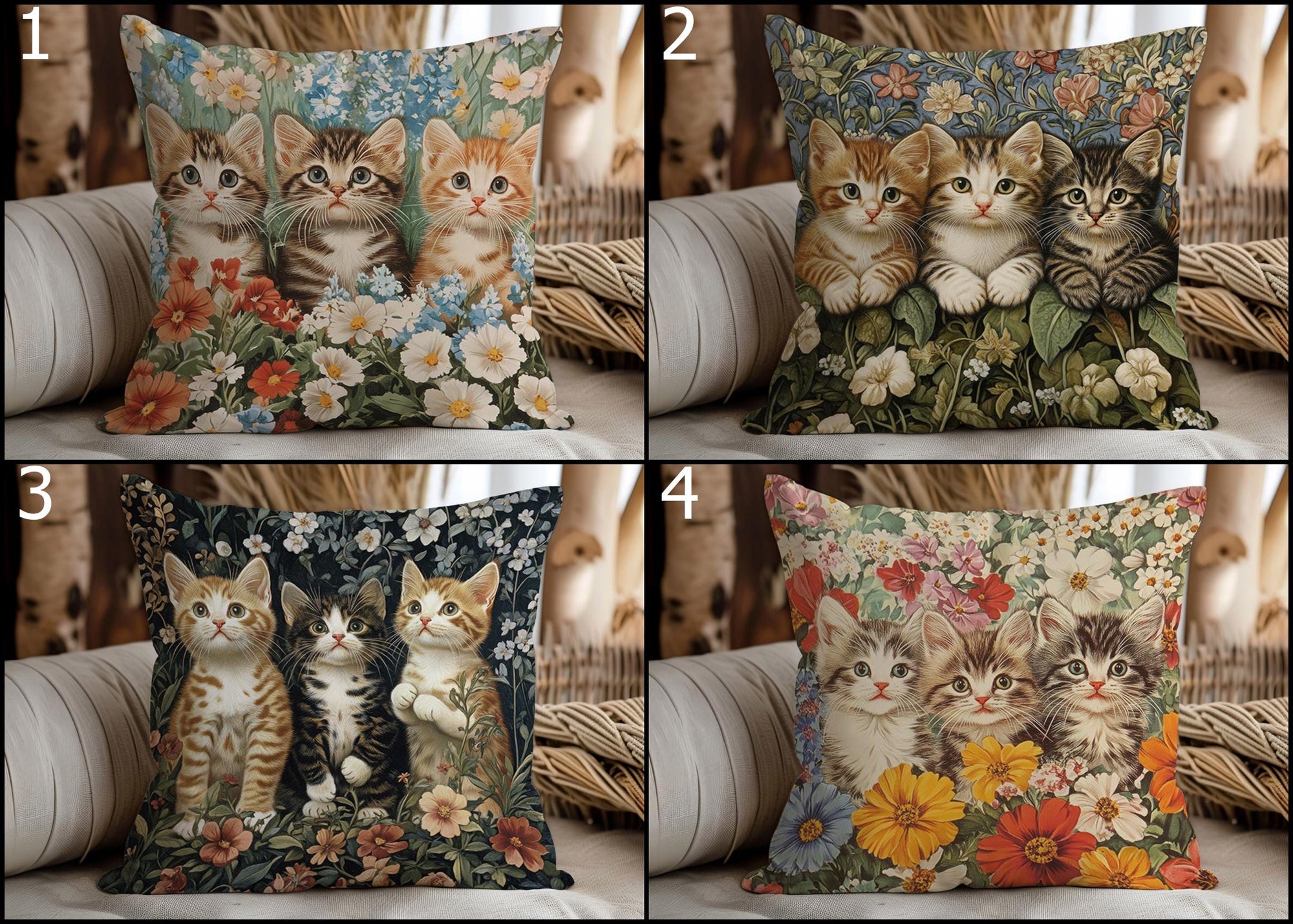 Cute Cats Pillowcase, Cottagecore Kitten Pillow Covers, Vintage Cats Floral Throw Pillow Cover, Whimsical Animal Cushion Cover