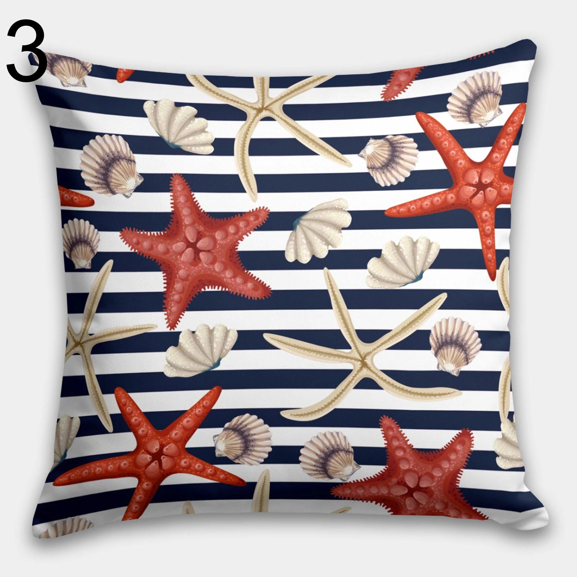 Coastal Nautical Pillow Covers, Sea Turtle, Starfish, Seahorse Decorative Ocean Cushion Covers, Sea Creatures Pillowcases