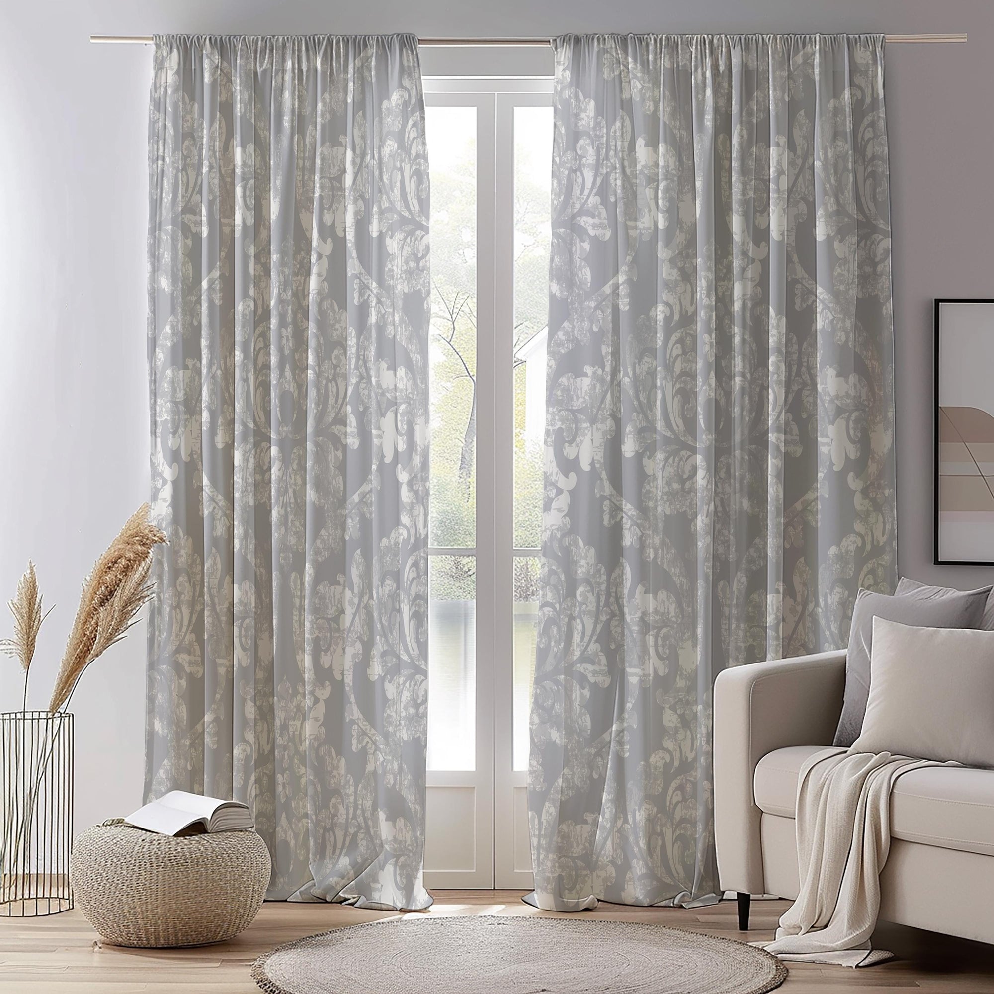 Grey Baroque Curtains, Classic Damask Window Panel, Grey Elegant Panel, Decorative Damask Curtain Panels, Grey Elegant Drapes