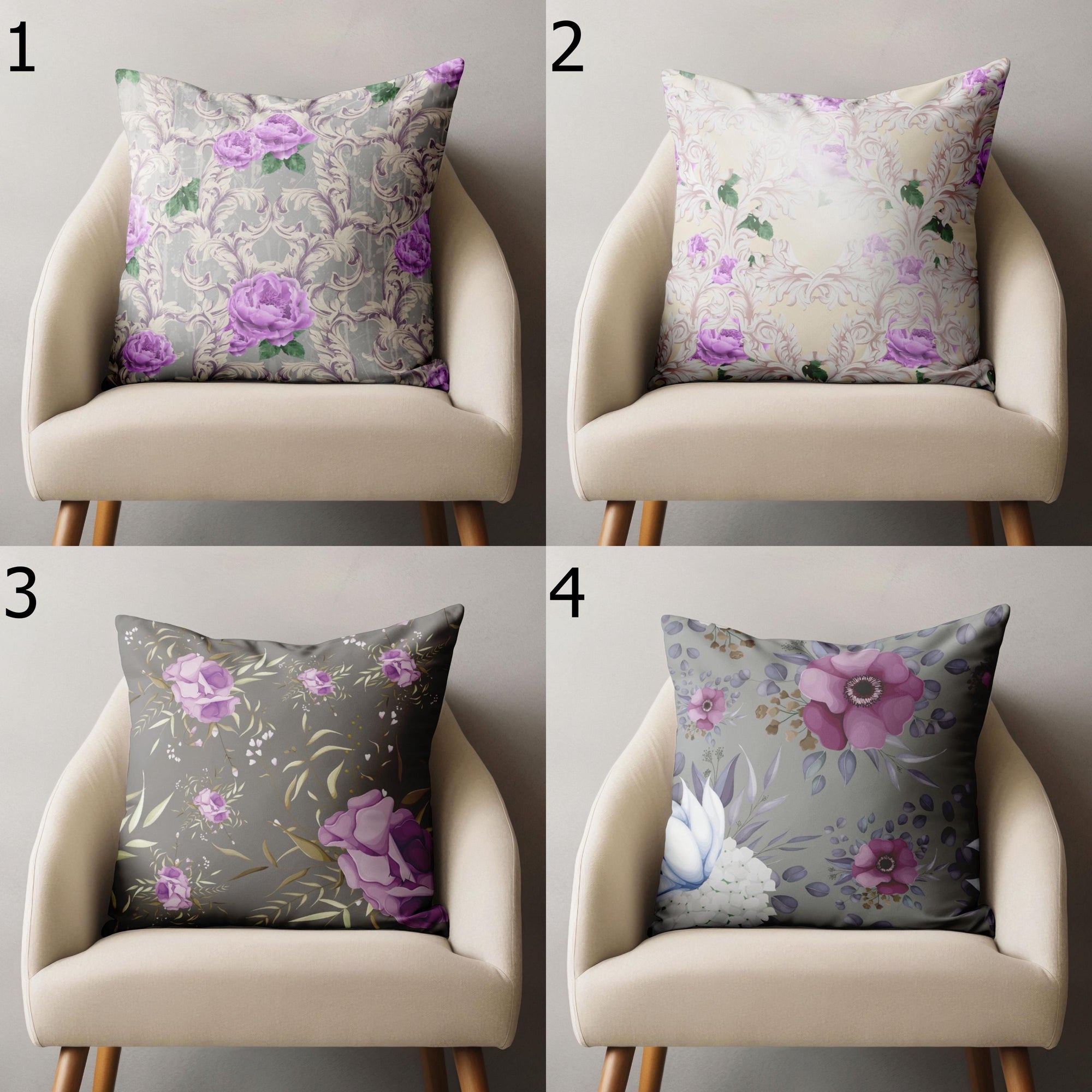 Baroque Style Throw Pillow, Elegant Floral Accent Cushion Cover, Dusty Pink & Purple Cushion Covers, Victorian Flower Pillow Case
