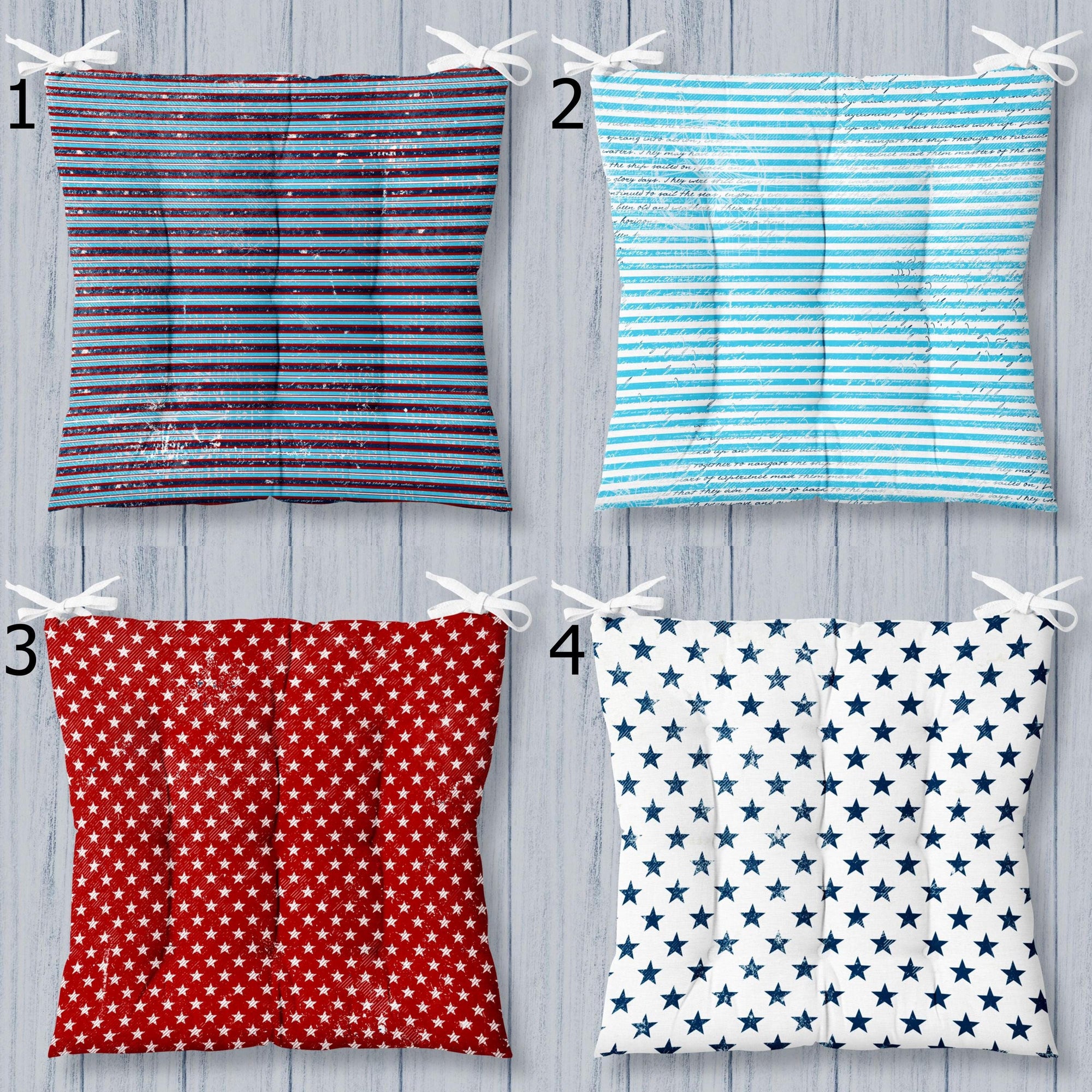 Striped Square Chair Pad, Coastal Chair Cushion with Ties, Nautical Style Patio Chair Cushions, Marine Printed Chair Pads