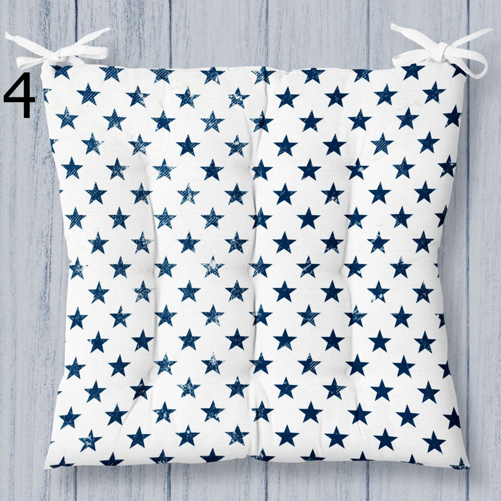 Striped Square Chair Pad, Coastal Chair Cushion with Ties, Nautical Style Patio Chair Cushions, Marine Printed Chair Pads