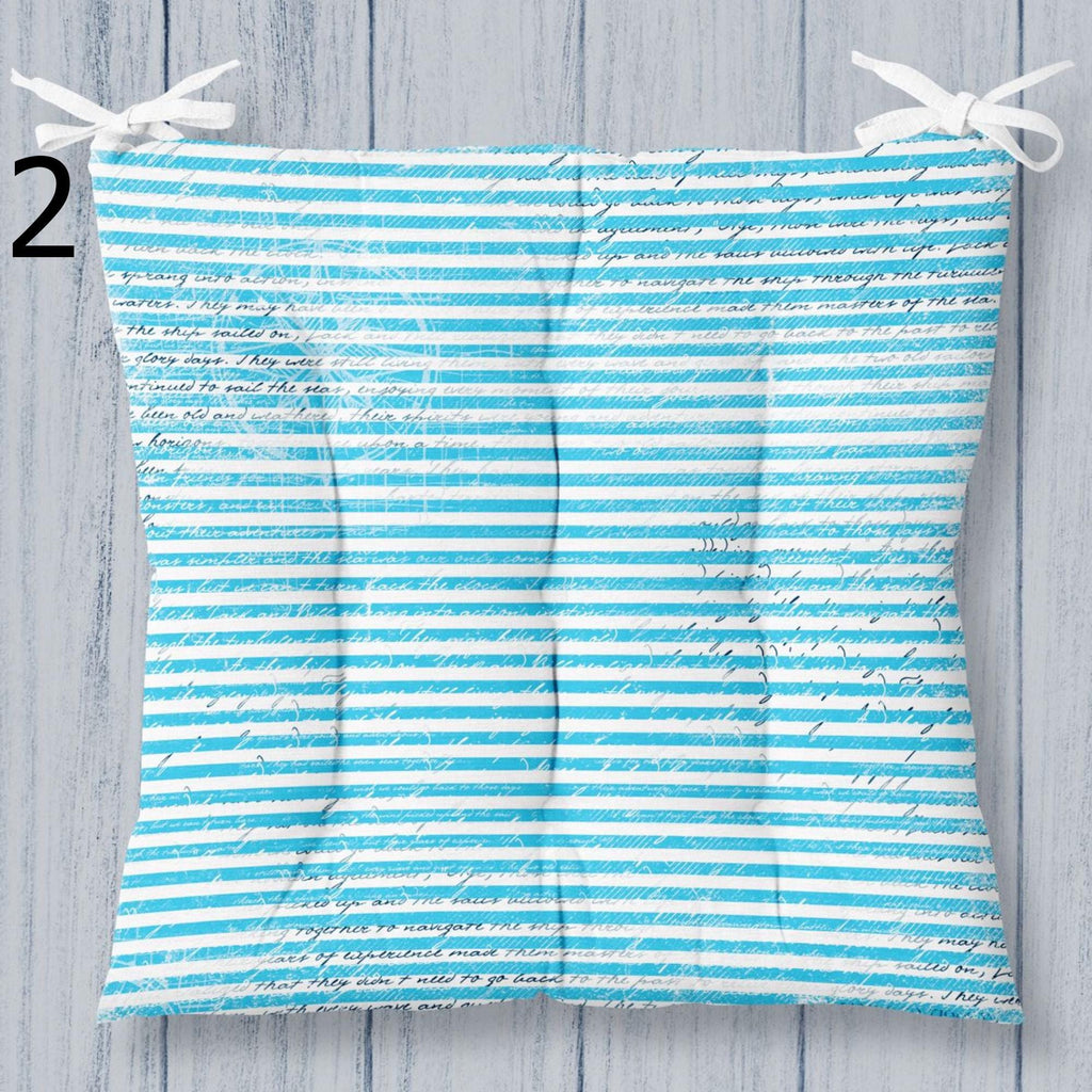 Striped Square Chair Pad, Coastal Chair Cushion with Ties, Nautical Style Patio Chair Cushions, Marine Printed Chair Pads