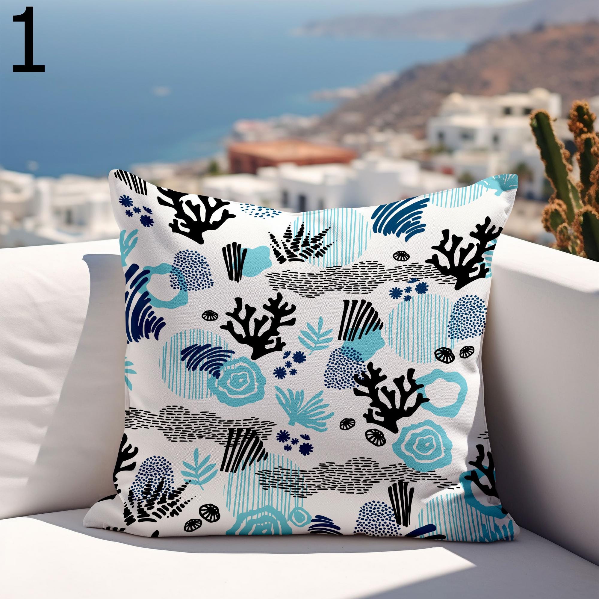 Nautical Outdoor Pillow Covers, Waterproof Coral Cushion Cover, Outdoor Sea Cratures Waterproof Pillowcase, Coastal Patio Cushion Covers
