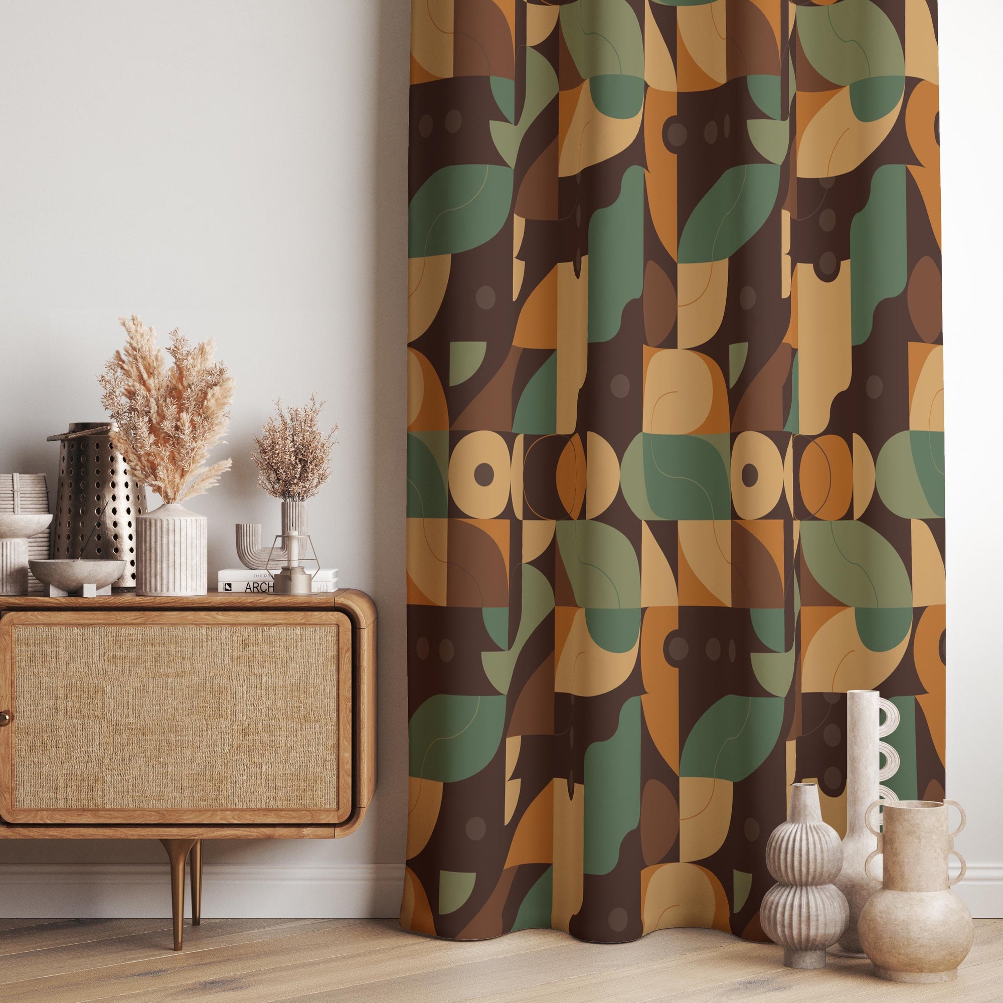 Retro Vintage Geometric Abstract Curtains, 70s Retro Window Curtains, MCM Print Drapes, 70s Bauhaus Style Curtain, Mid Century Curtain Panel