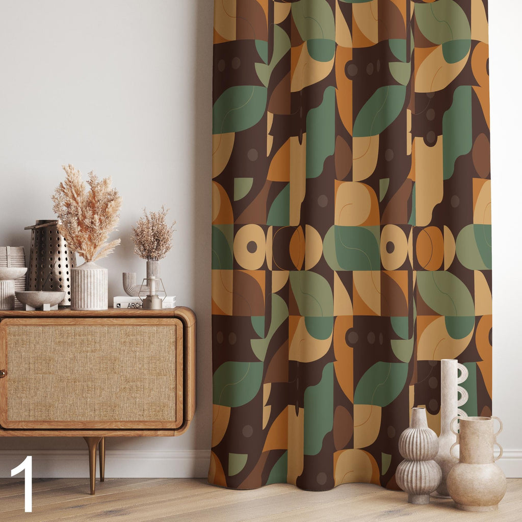 Retro Vintage Geometric Abstract Curtains, 70s Retro Window Curtains, MCM Print Drapes, 70s Bauhaus Style Curtain, Mid Century Curtain Panel