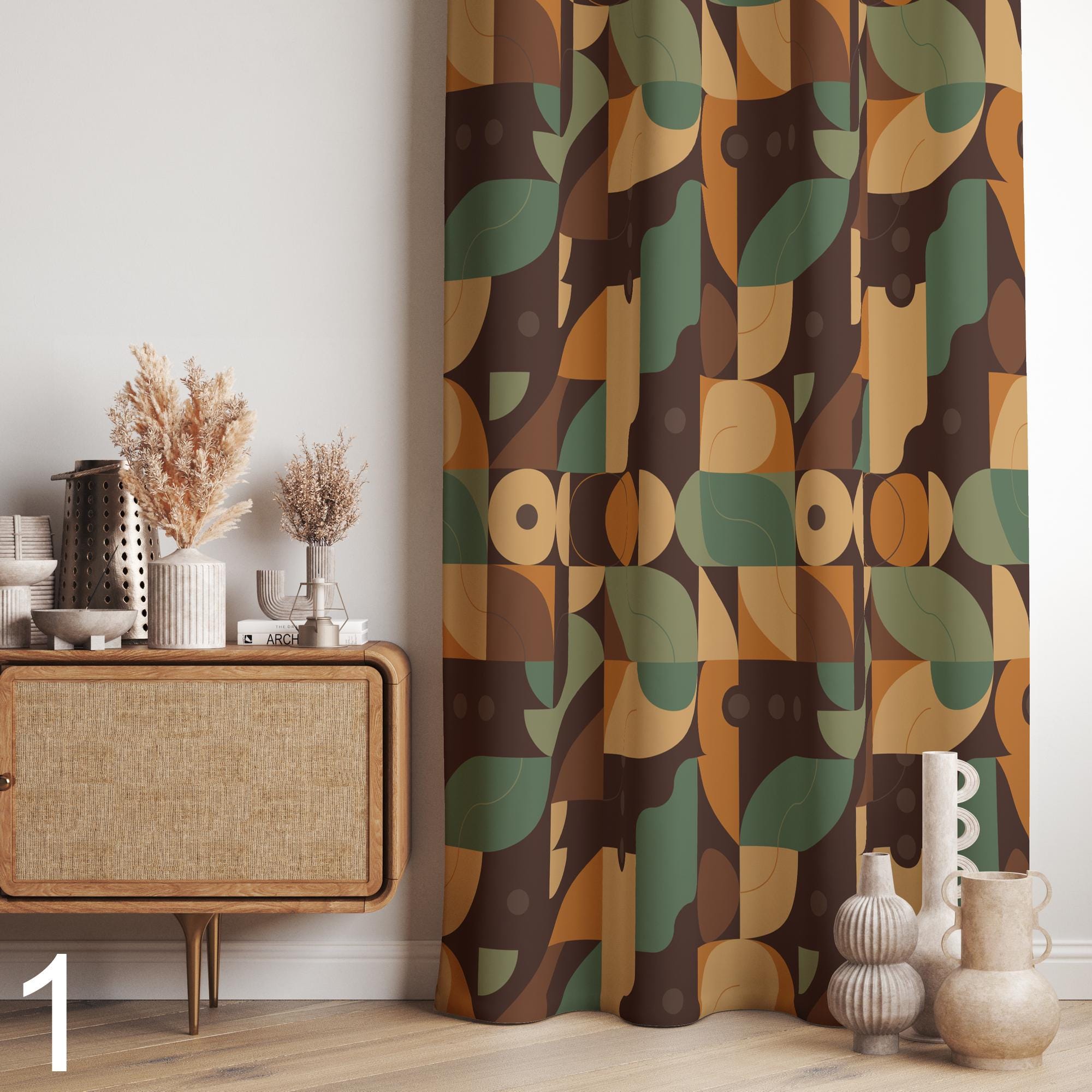 Retro Vintage Geometric Abstract Curtains, 70s Retro Window Curtains, MCM Print Drapes, 70s Bauhaus Style Curtain, Mid Century Curtain Panel