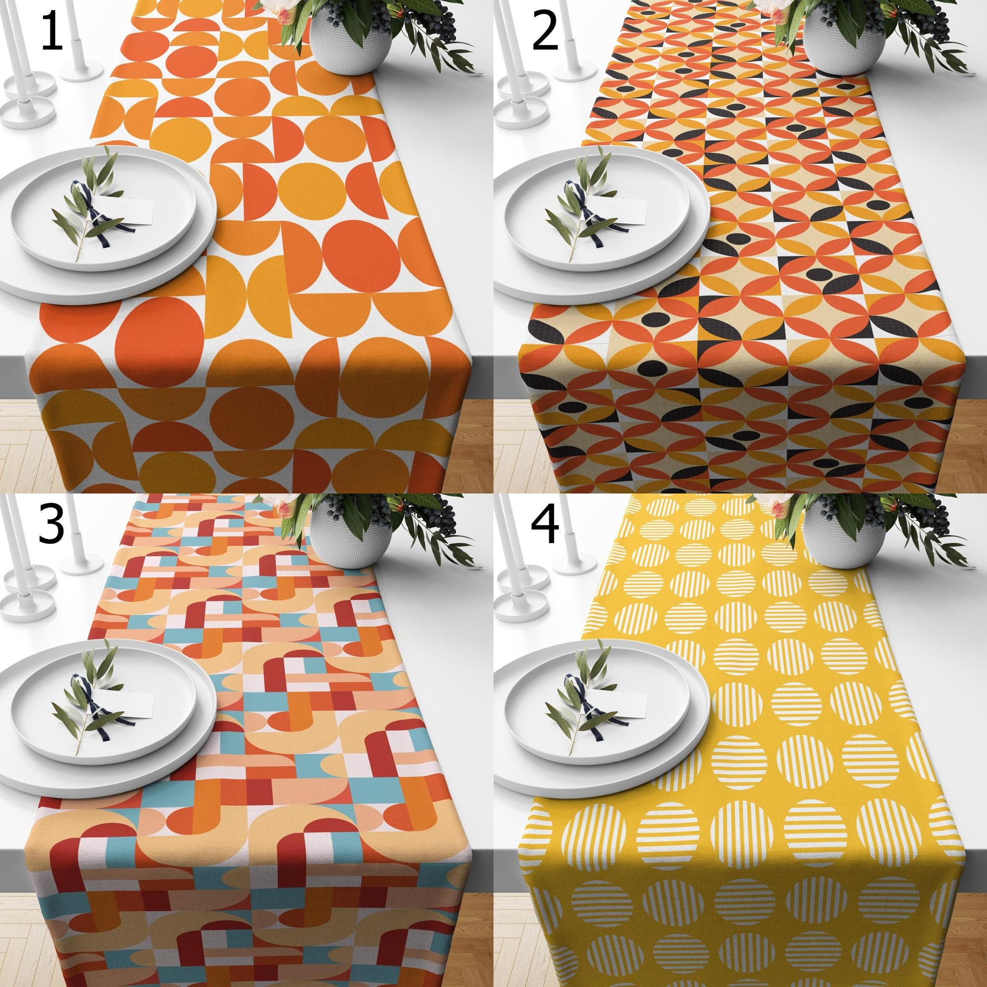 Mid Century Bauhaus Table Runner, Retro Geometric Abstract Table Runner, 70s Bauhaus Retro Table Runner Gift, Orange Retro Table Runners