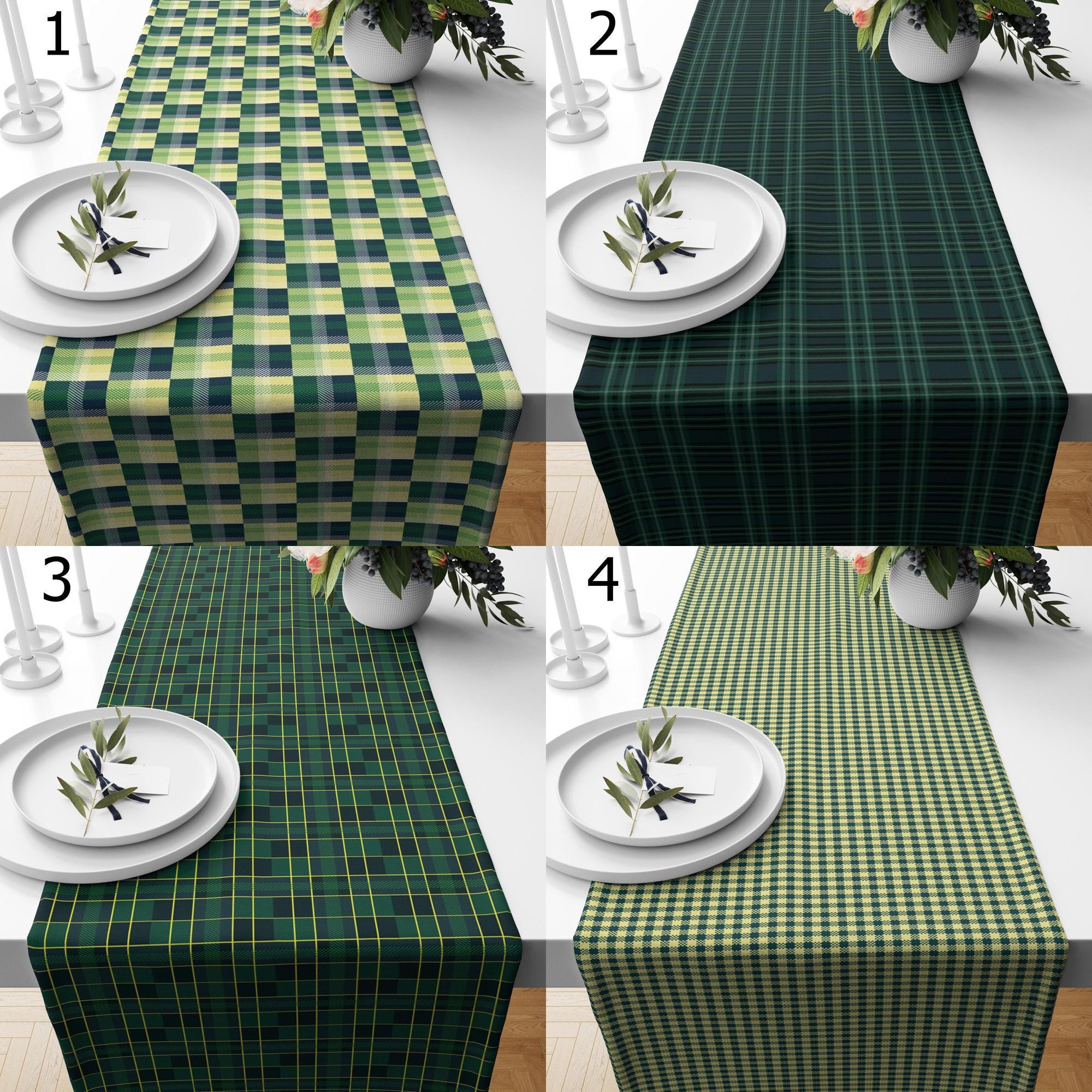 70s Checkered Retro Table Runner Gift, Retro Green Table Runners, Mid Century Green Plaid Table Runner, Retro Geometric Table Runner