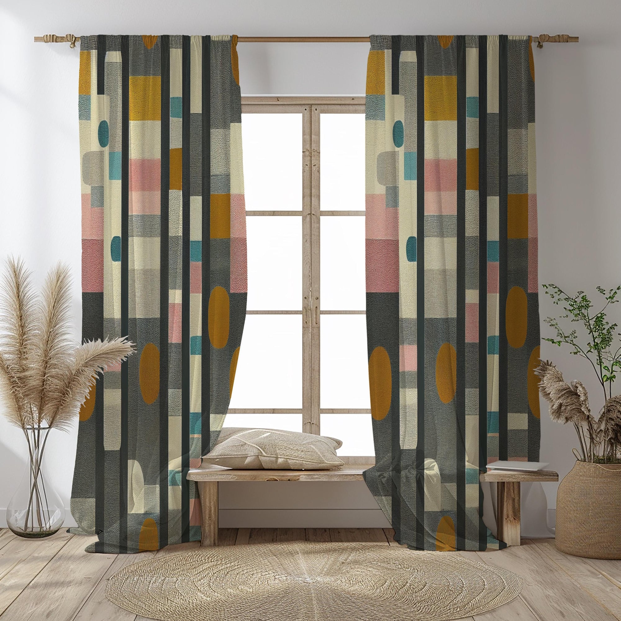 Mid Century Modern Curtains, Abstract Geometric Window Panels, Retro Chic Curtain Drapes, Boho Minimalist Panel Curtains
