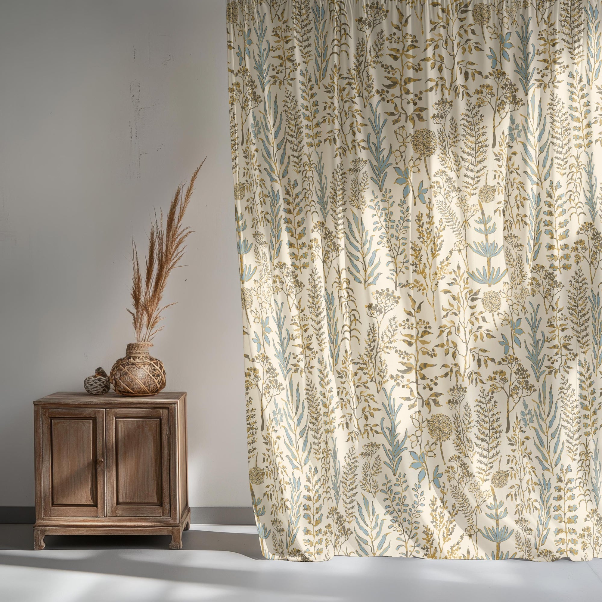 Modern Vintage Floral Herbal Print Curtains, Farmhouse Wildflowers Leaves Curtain, Botanical Floral Curtain, Floral Window Grommet Drapes