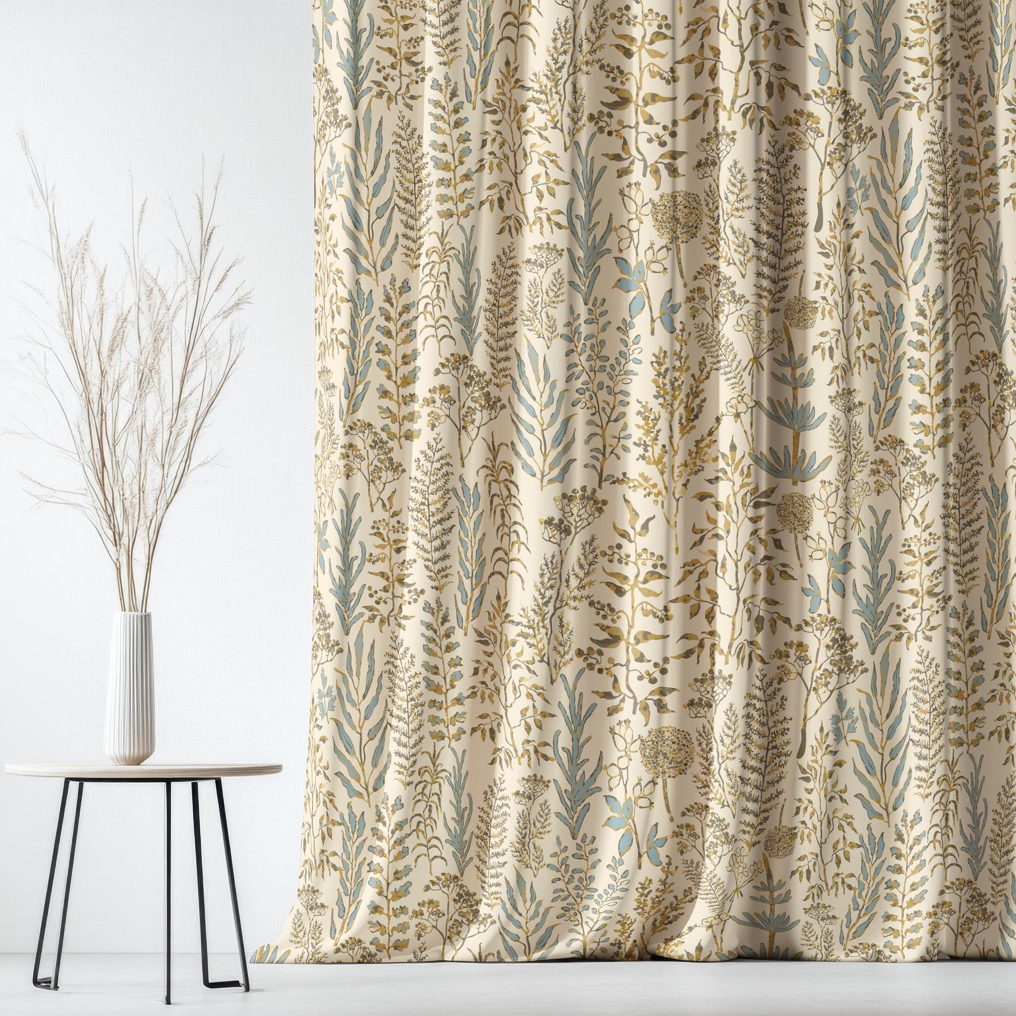 Modern Vintage Floral Herbal Print Curtains, Farmhouse Wildflowers Leaves Curtain, Botanical Floral Curtain, Floral Window Grommet Drapes