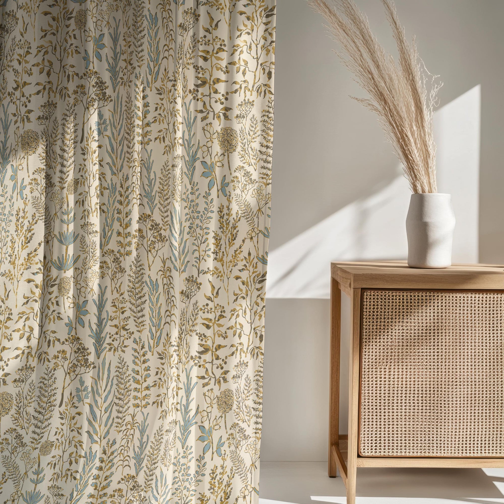 Modern Vintage Floral Herbal Print Curtains, Farmhouse Wildflowers Leaves Curtain, Botanical Floral Curtain, Floral Window Grommet Drapes