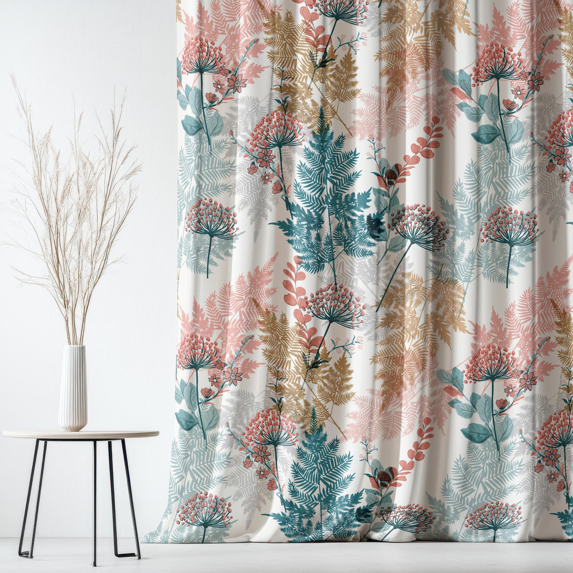 Botanical Floral Curtain Panel, Nature-Inspired Fern and Wildflower Drapes, Modern Pastel Window Panels