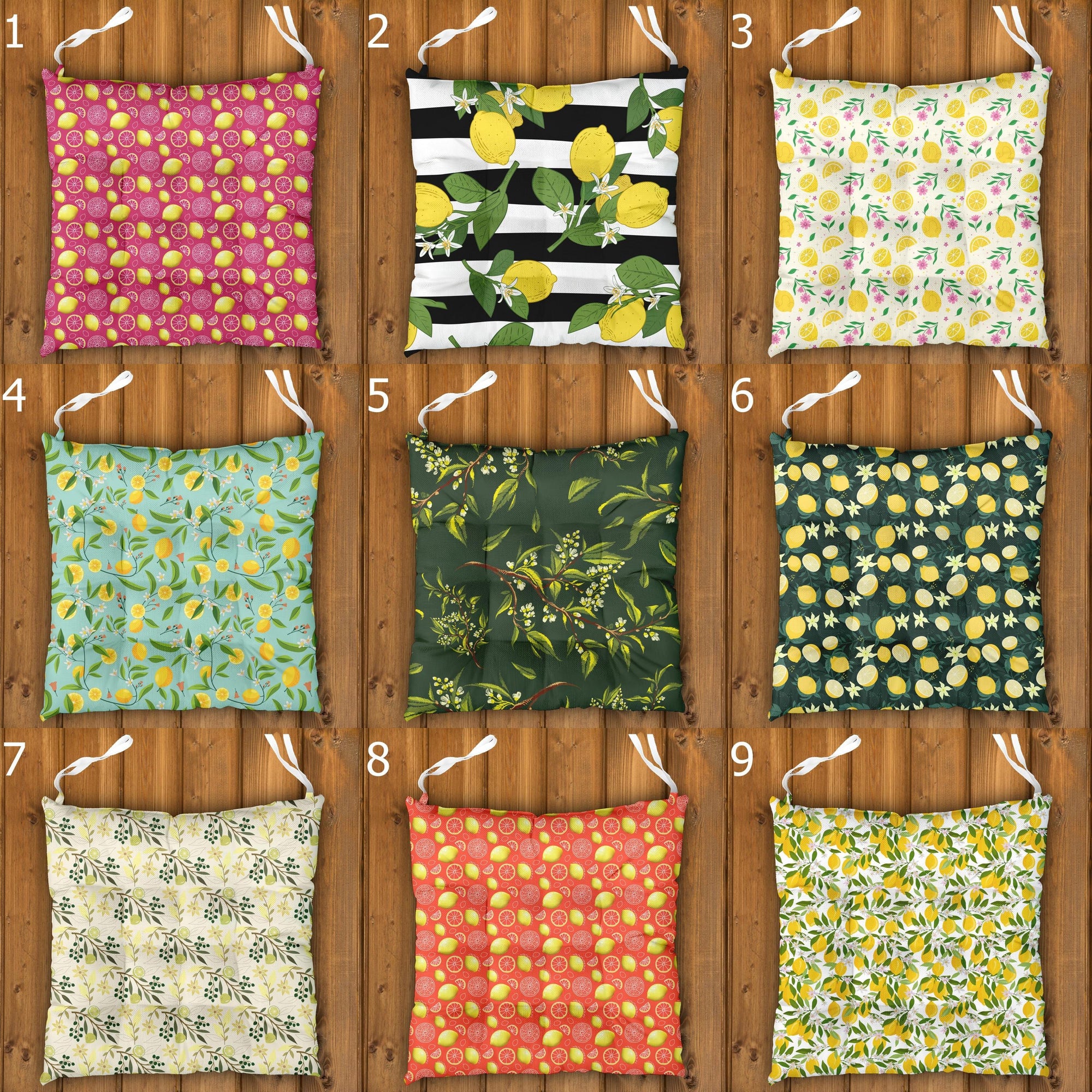 Lemon Chair Cushions, Lemon Print Seat Pads, Summer Yellow Green Chair Pads, Mediterranean Kitchen Chair Cushion Pads, Lemon Patio Seat Pads