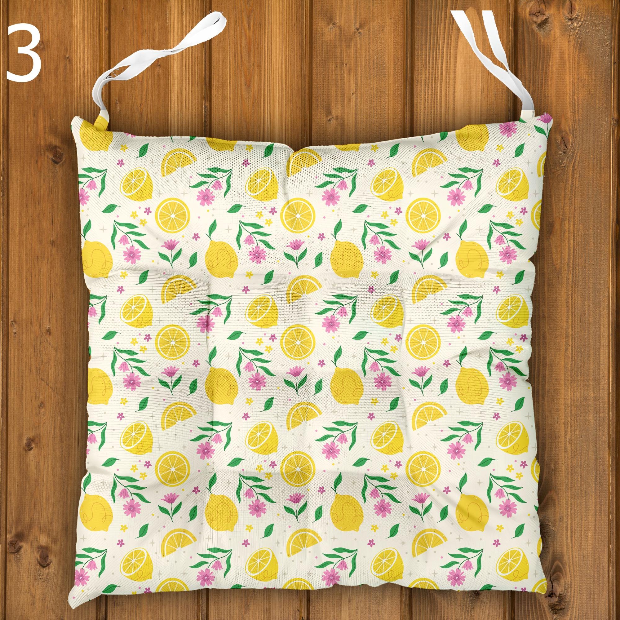Lemon Chair Cushions, Lemon Print Seat Pads, Summer Yellow Green Chair Pads, Mediterranean Kitchen Chair Cushion Pads, Lemon Patio Seat Pads