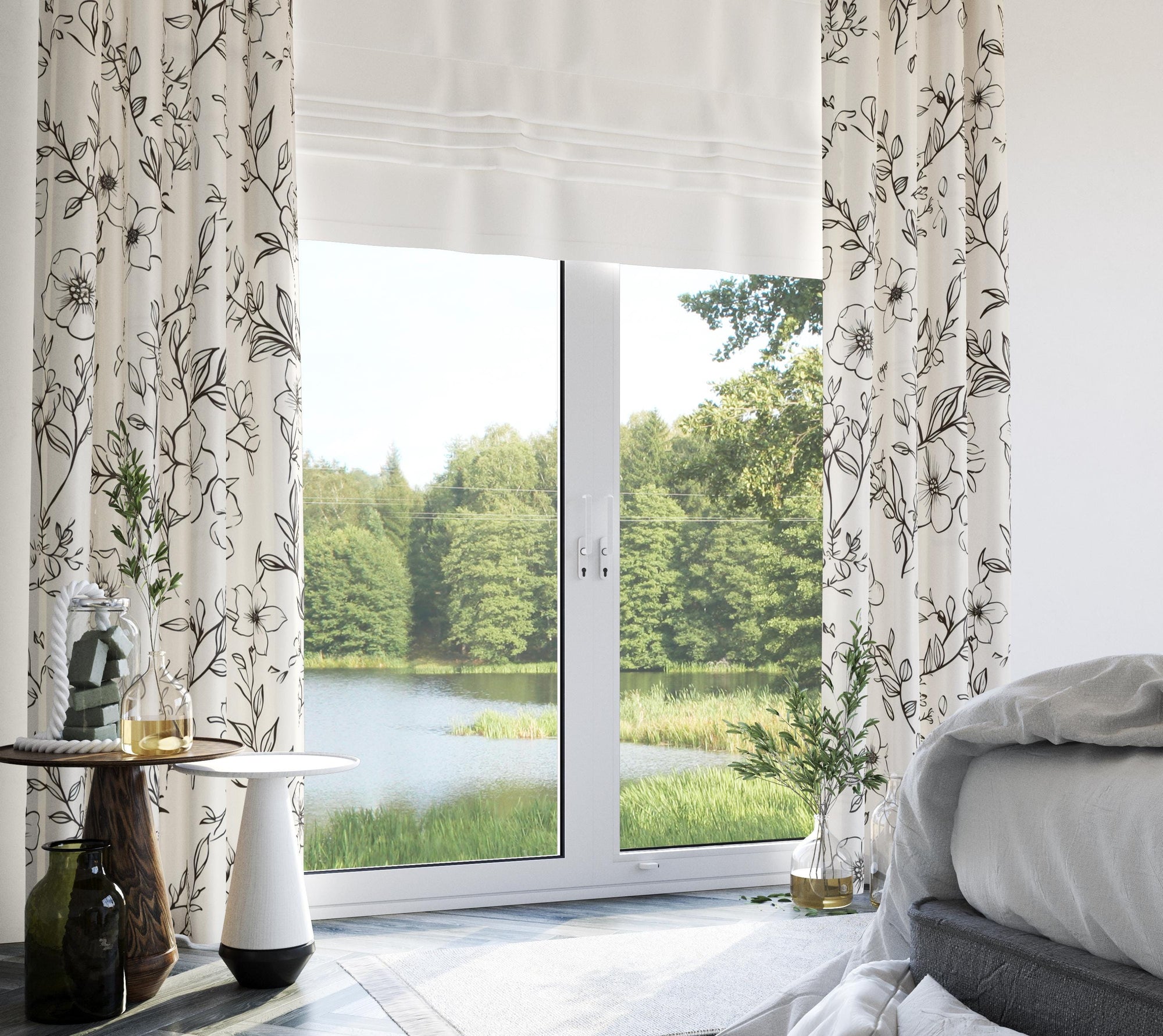 Vintage Floral Print Curtains, Hand Drawn Botanical Curtain, Black and White Flowers Curtains, Floral Window Grommet Drapes