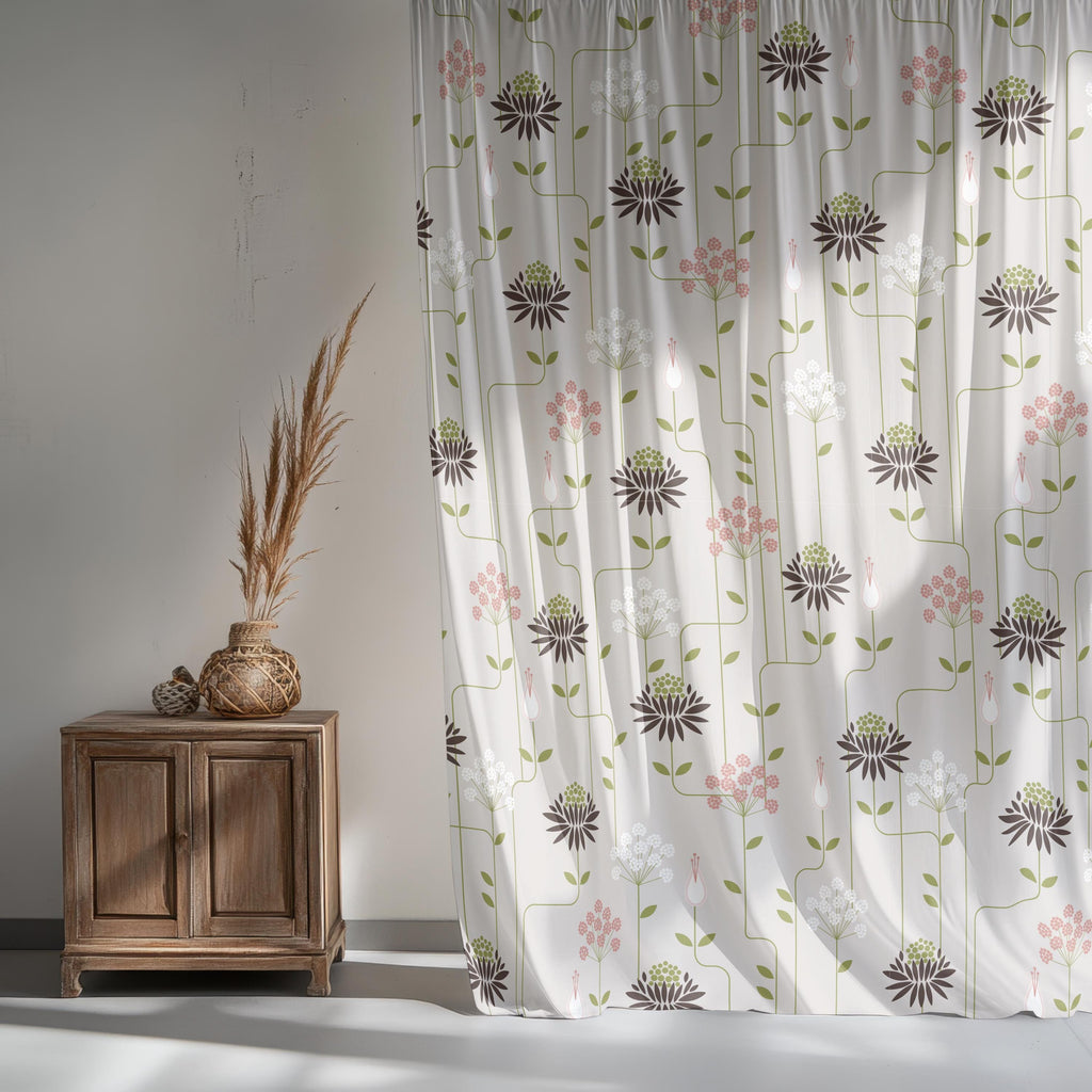 Floral Print Curtains, Floral Abstract Curtain Panels, Abstract Dandelion Flowers Curtains, Retro Flower Geometric Window Curtains