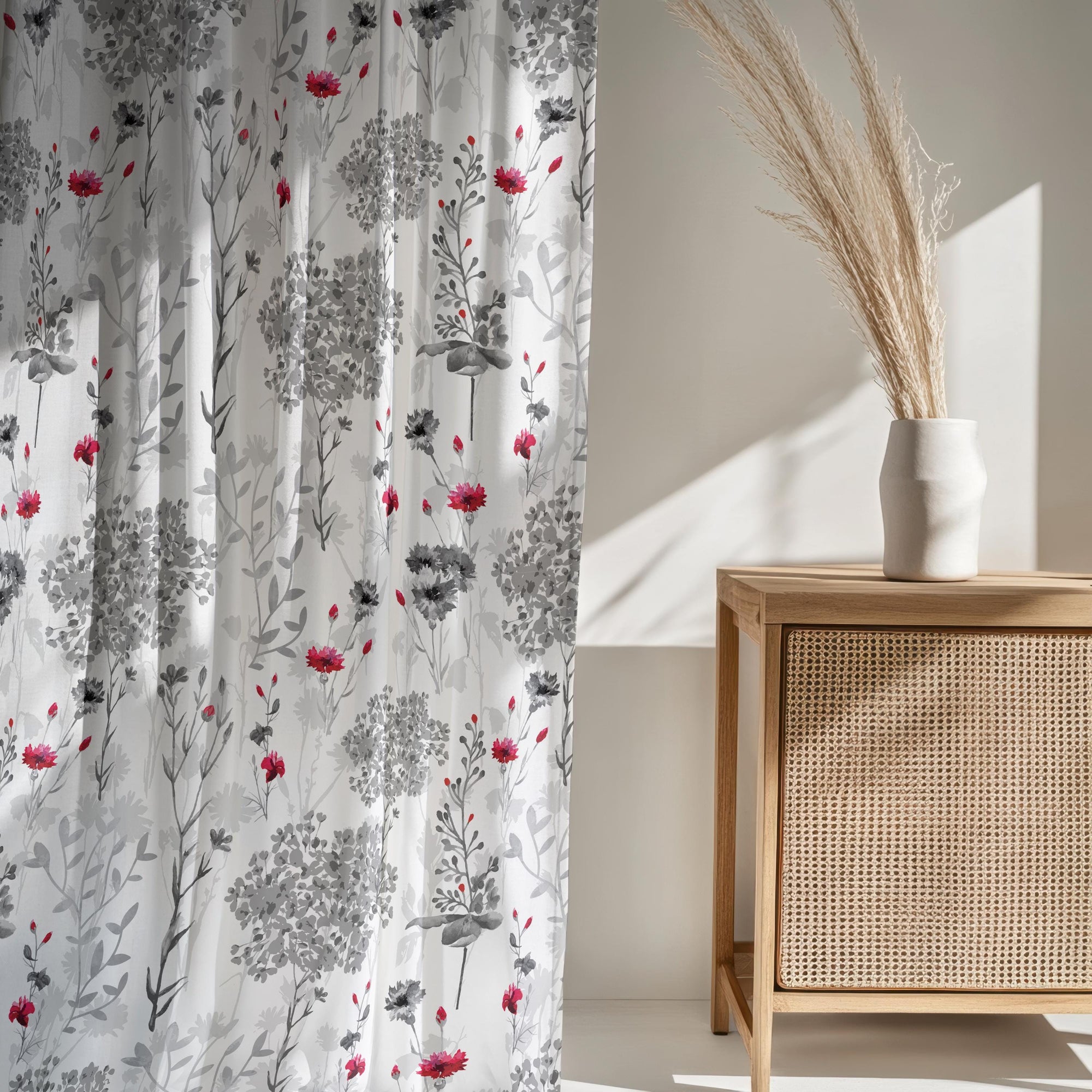 Grey Red Floral Abstract Curtain Panels, Floral Print Curtains, Abstract Flowers Drapes, Grey Red Floral Window Curtain Panels