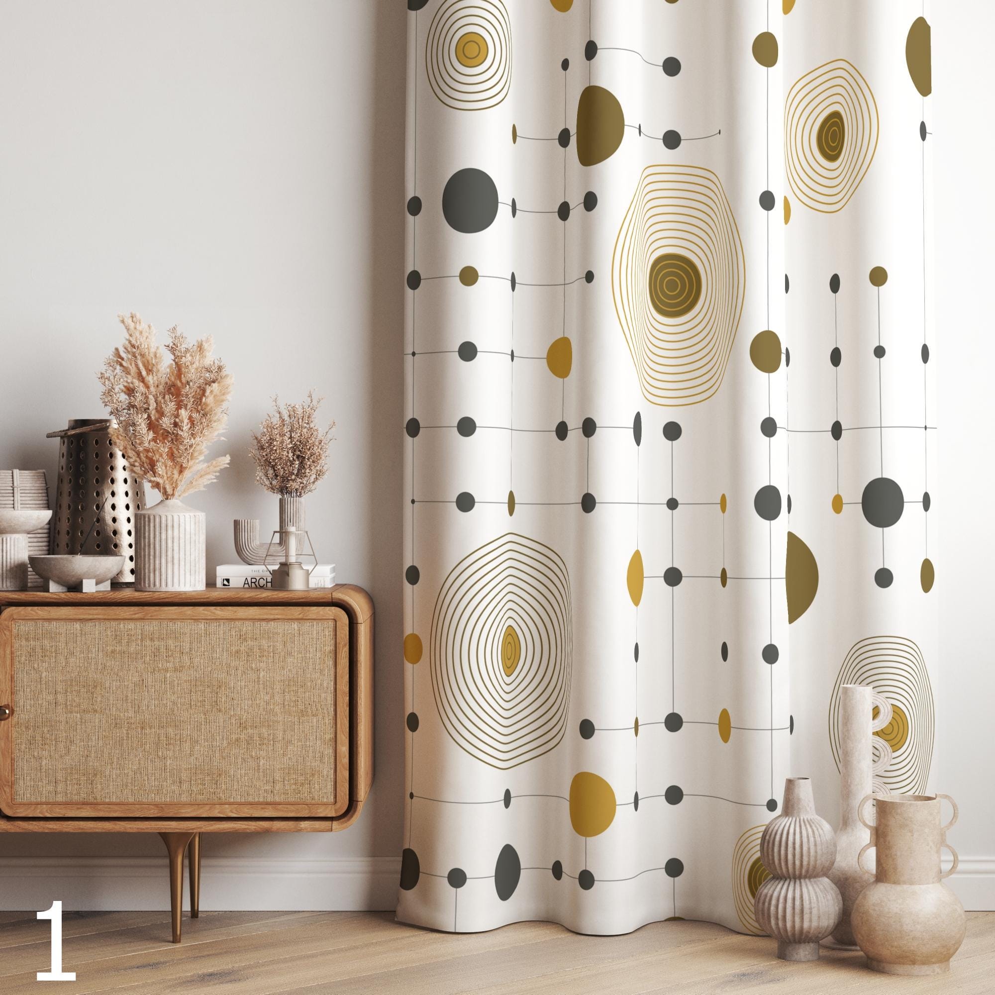 Mid Century Window Curtains, 70s Retro Abstract Blackout Curtain, Mcm Grommet Curtain, Retro Polka Dot Print Drapes, Retro Curtains