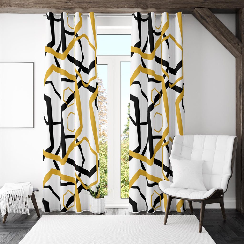 Geometric Abstract Curtains, Minimalist Geometric Curtains, Modern Abstract Geometric Window Drapes, Black & Gold Hexagon Pattern Curtains