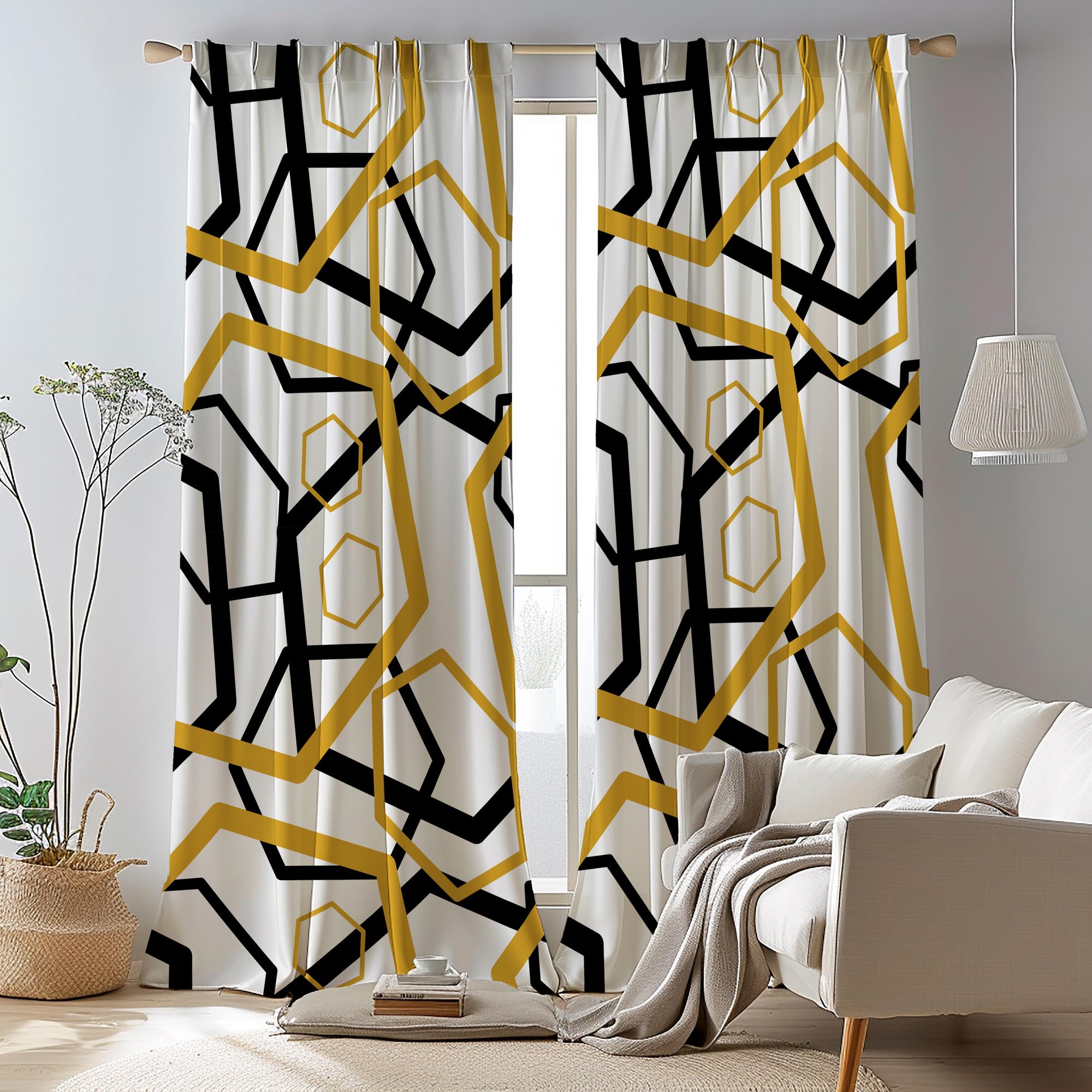 Geometric Abstract Curtains, Minimalist Geometric Curtains, Modern Abstract Geometric Window Drapes, Black & Gold Hexagon Pattern Curtains