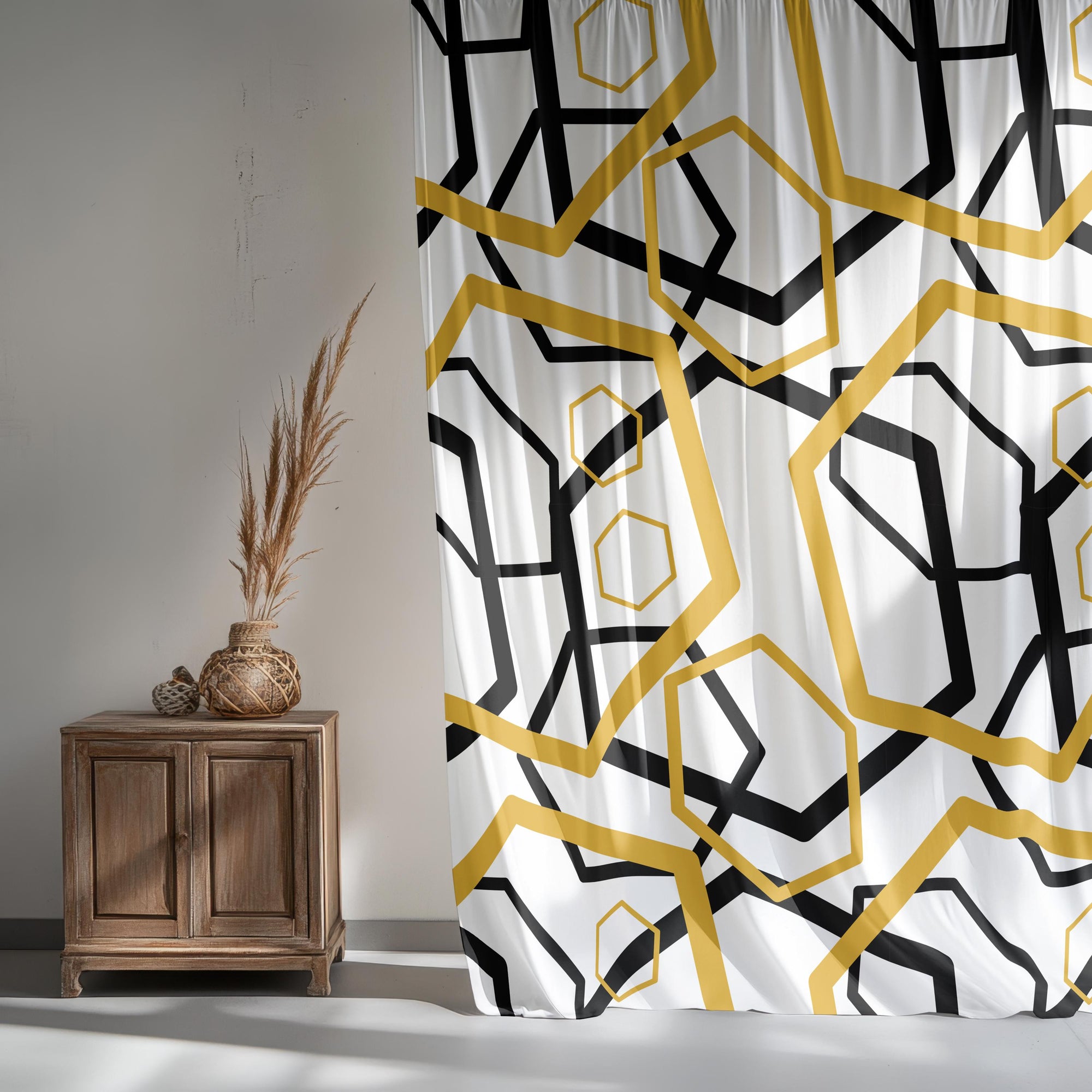 Geometric Abstract Curtains, Minimalist Geometric Curtains, Modern Abstract Geometric Window Drapes, Black & Gold Hexagon Pattern Curtains