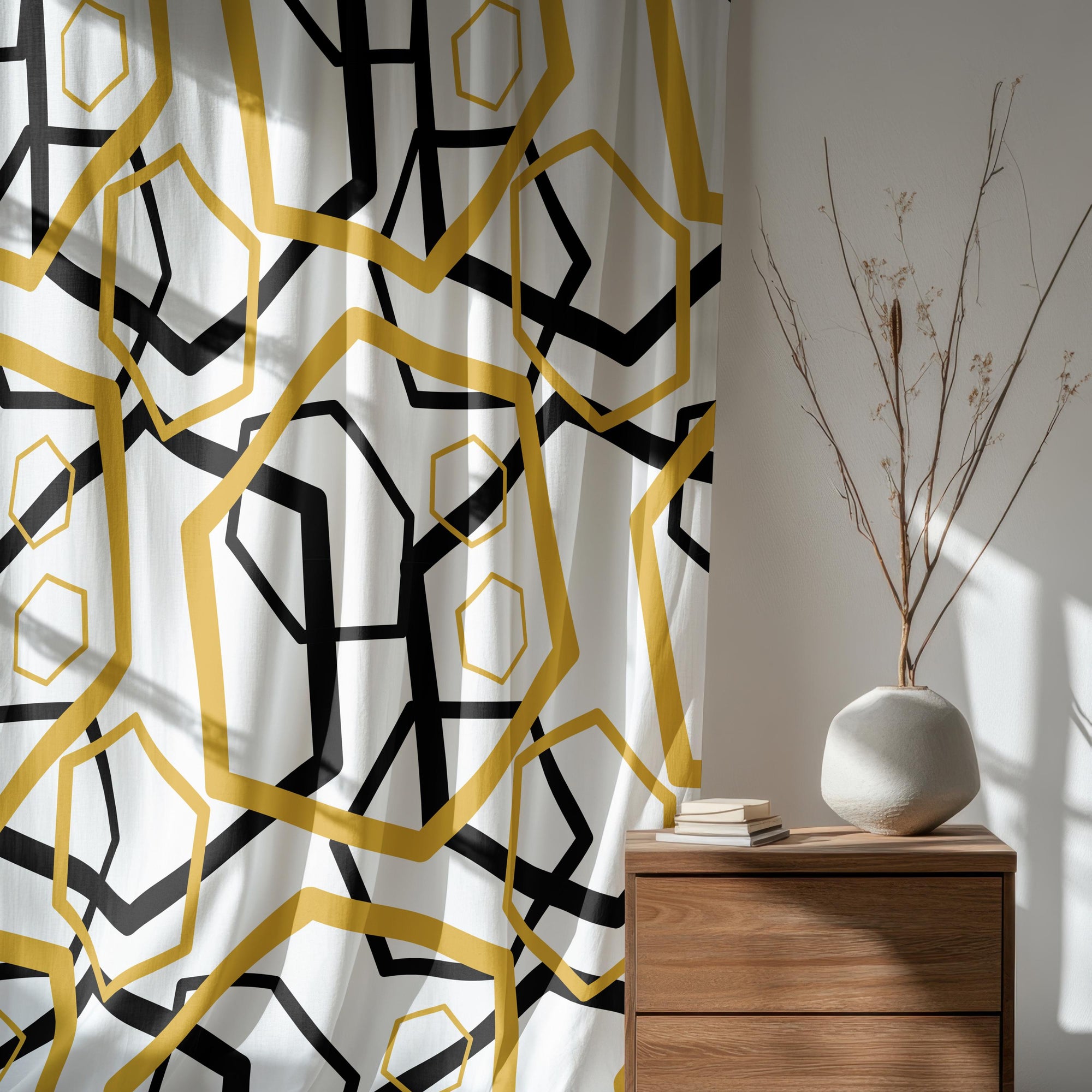 Geometric Abstract Curtains, Minimalist Geometric Curtains, Modern Abstract Geometric Window Drapes, Black & Gold Hexagon Pattern Curtains