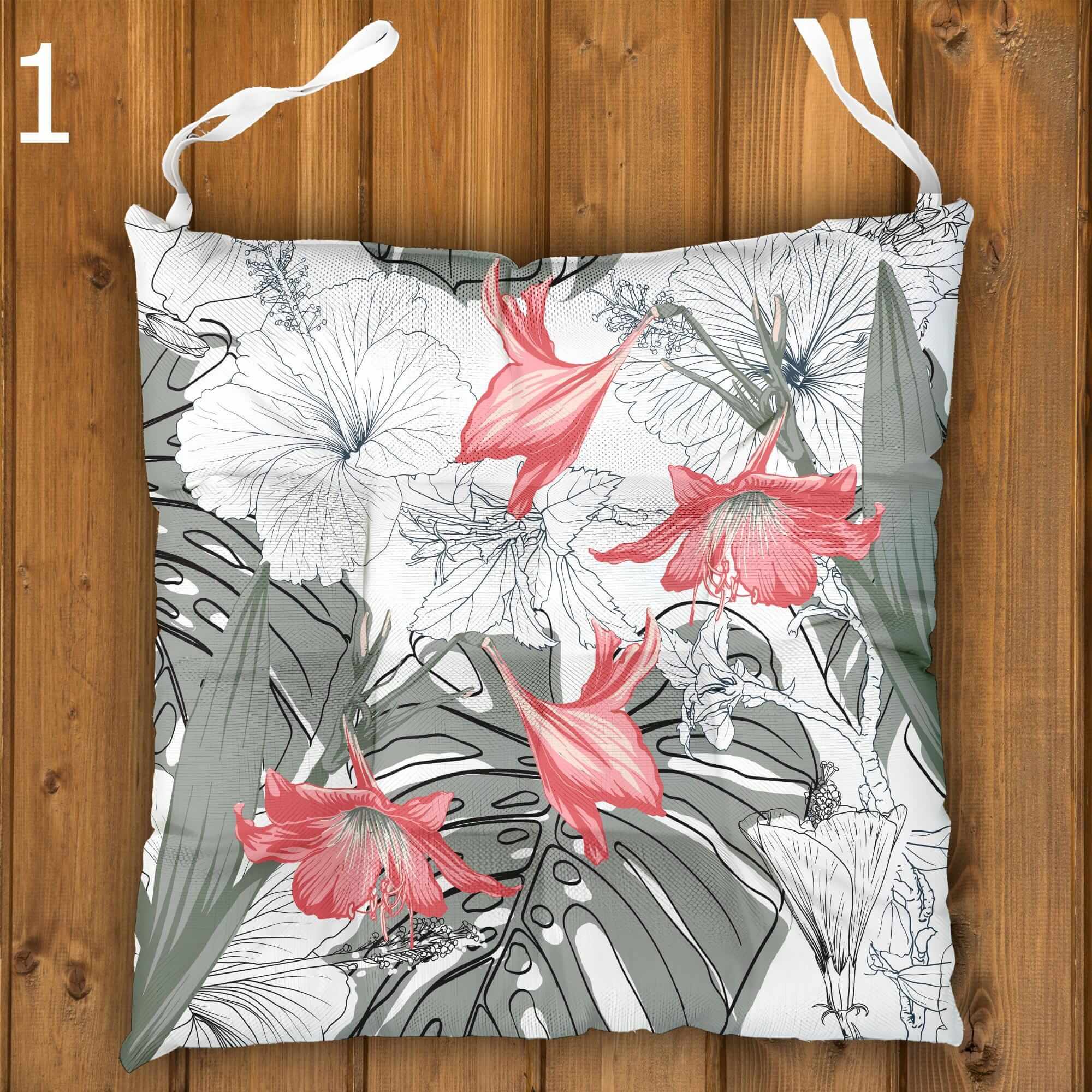 Botanical Seat Pads, Tropical Chair Cushions, Outdoor Patio Cushions, Exotic Floral Tie-On Chair Pads, Hawaiian Chair Cushions