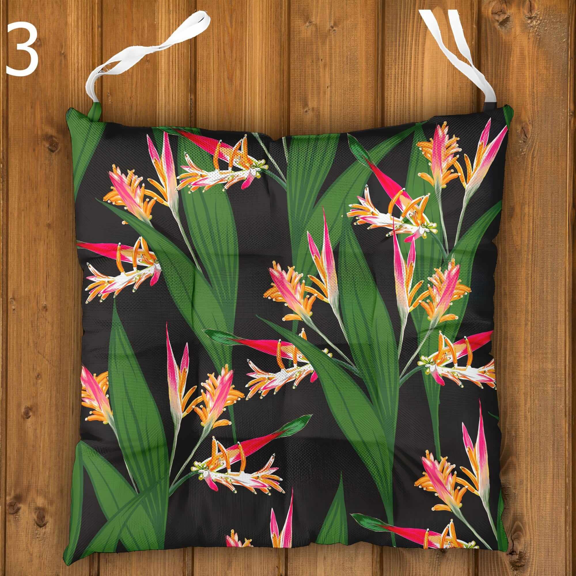 Botanical Seat Pads, Tropical Chair Cushions, Outdoor Patio Cushions, Exotic Floral Tie-On Chair Pads, Hawaiian Chair Cushions