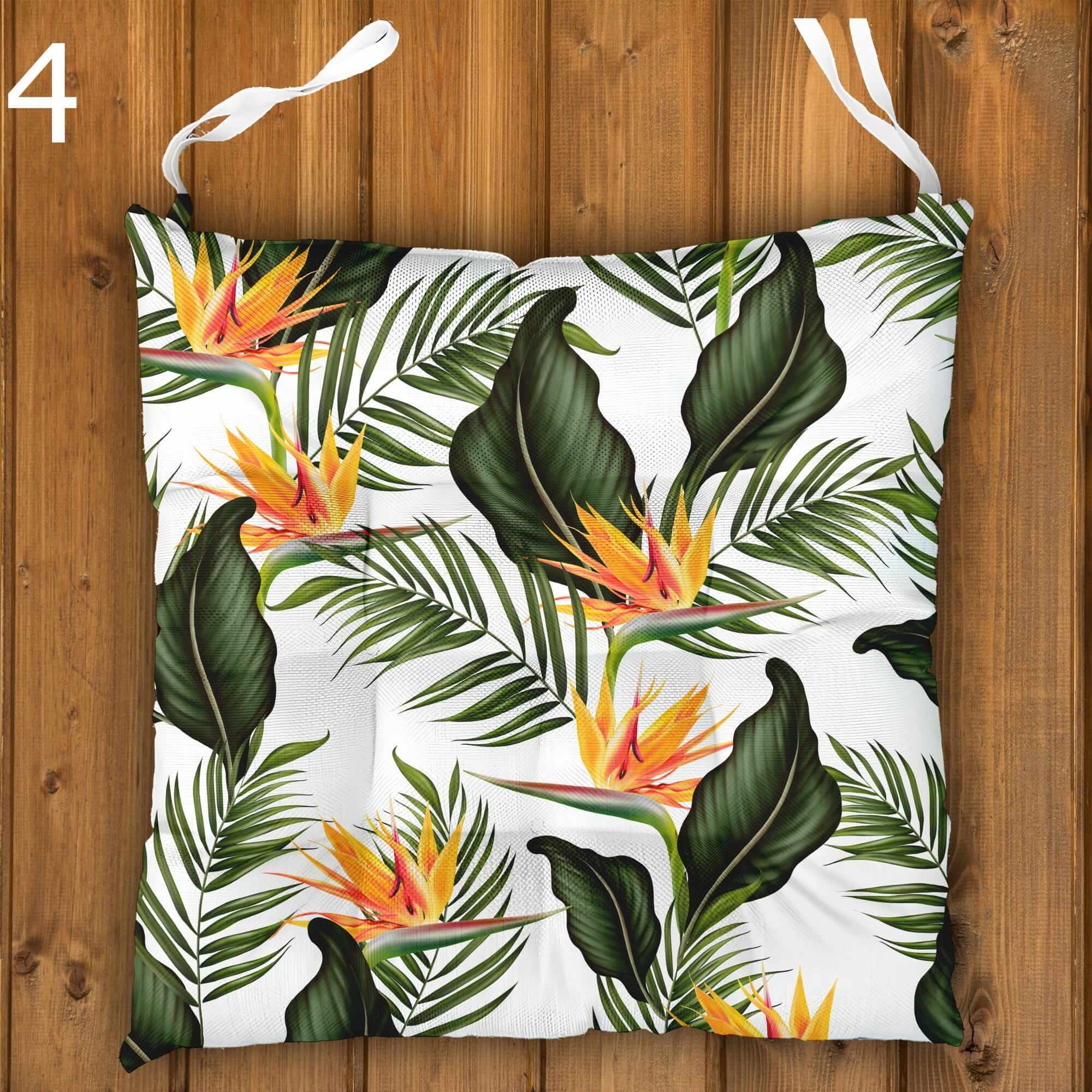 Botanical Seat Pads, Tropical Chair Cushions, Outdoor Patio Cushions, Exotic Floral Tie-On Chair Pads, Hawaiian Chair Cushions