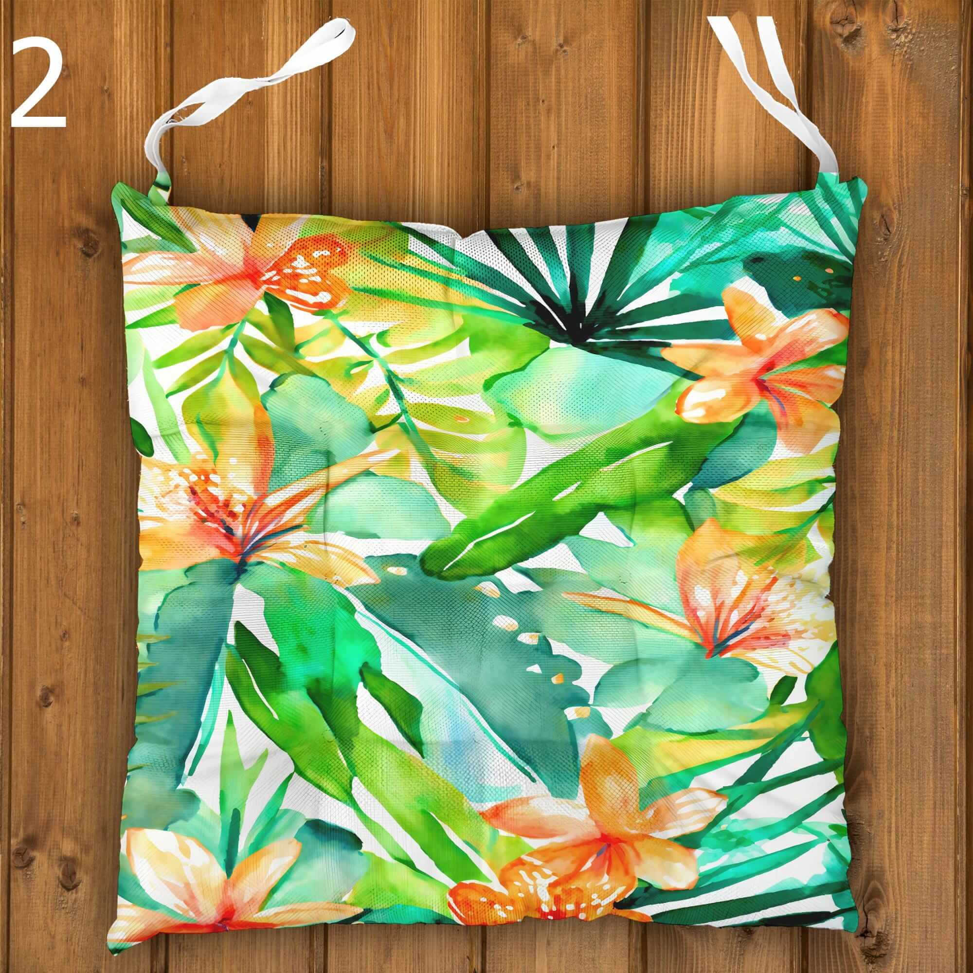 Botanical Seat Pads, Tropical Chair Cushions, Outdoor Patio Cushions, Exotic Floral Tie-On Chair Pads, Hawaiian Chair Cushions