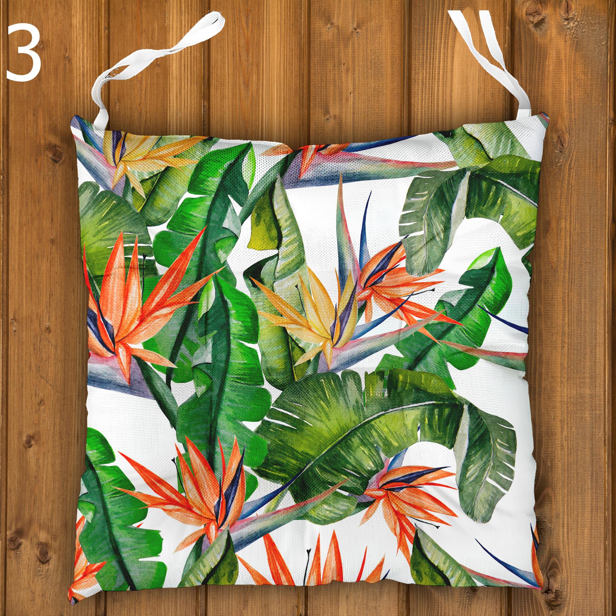 Hawaiian Chair Cushions, Botanical Seat Pads, Tropical Chair Cushions, Outdoor Patio Cushions, Exotic Floral Tie-On Chair Pads